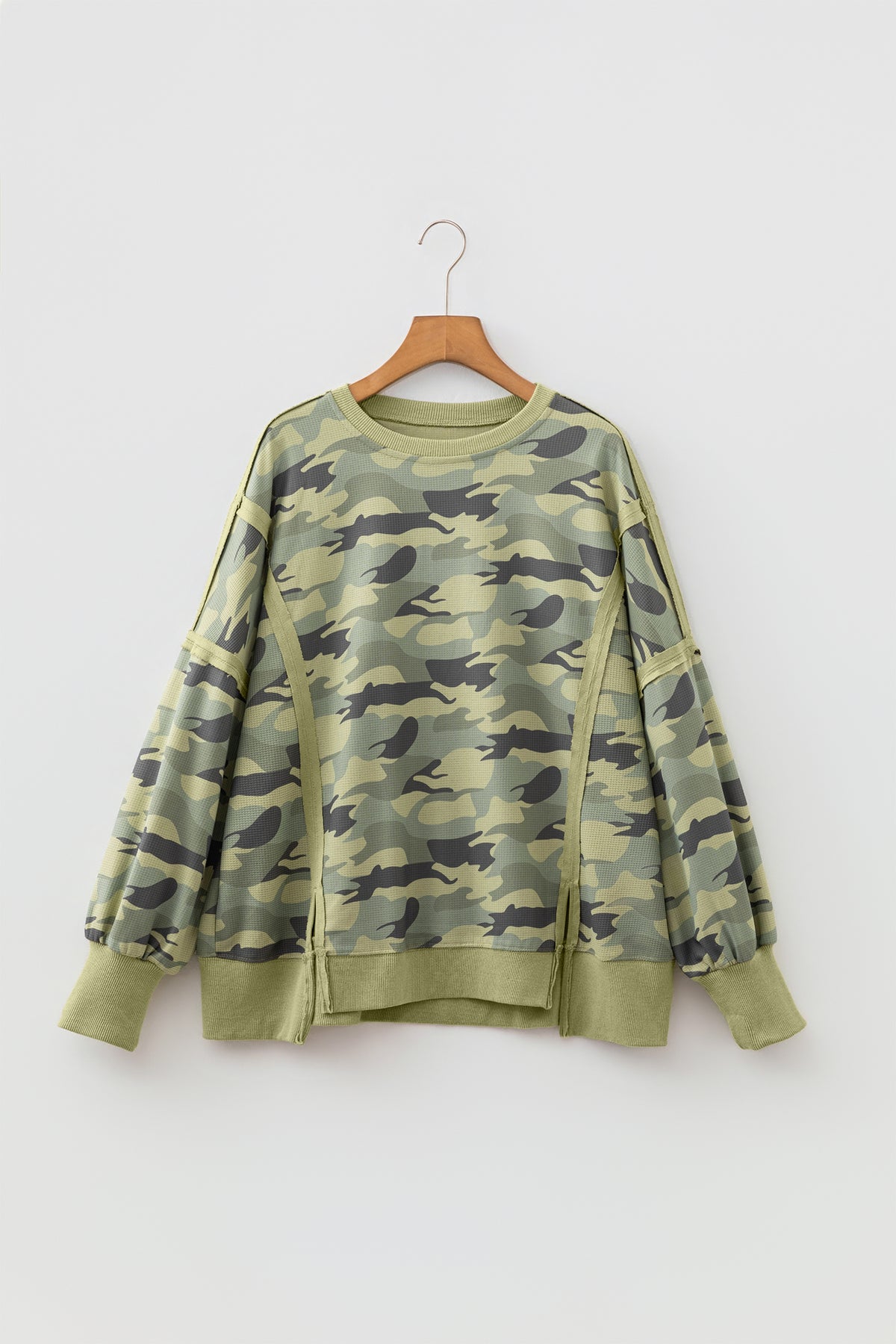 Camouflage Waffle Knit Raw Edge Contrast Trim Oversized Long Sleeve Top