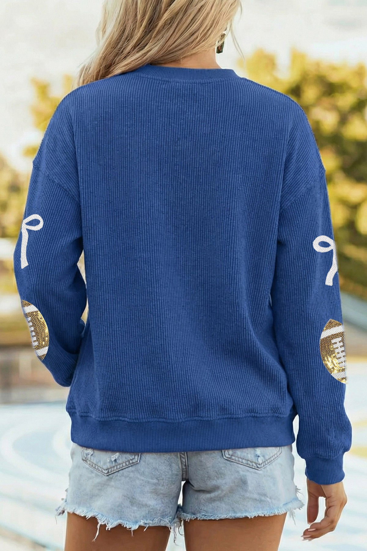 Corded Rib Sequin Rugby Bow Graphic Dropped Shoulder Sweatshirt