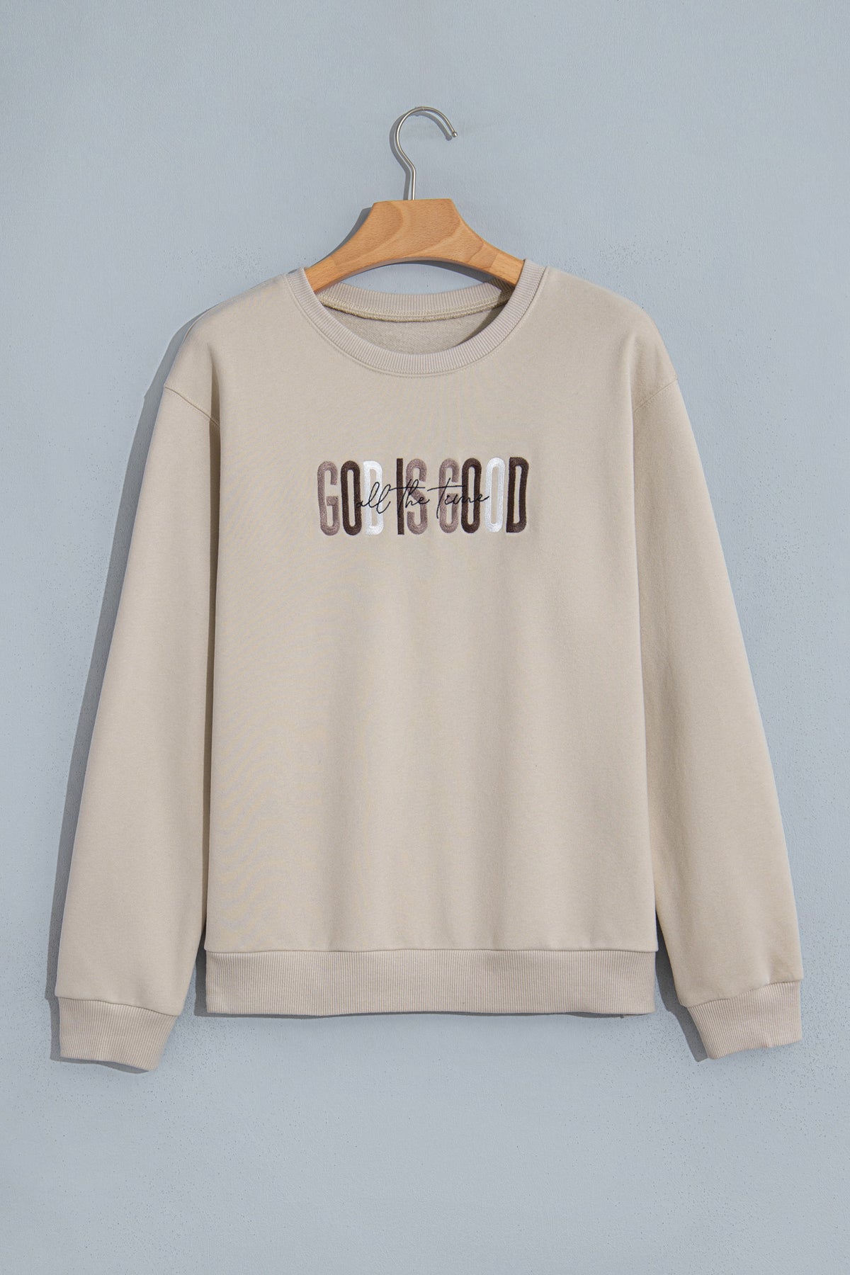 GOD IS GOOD Embroidered Letter Crewneck Pullover Sweatshirt