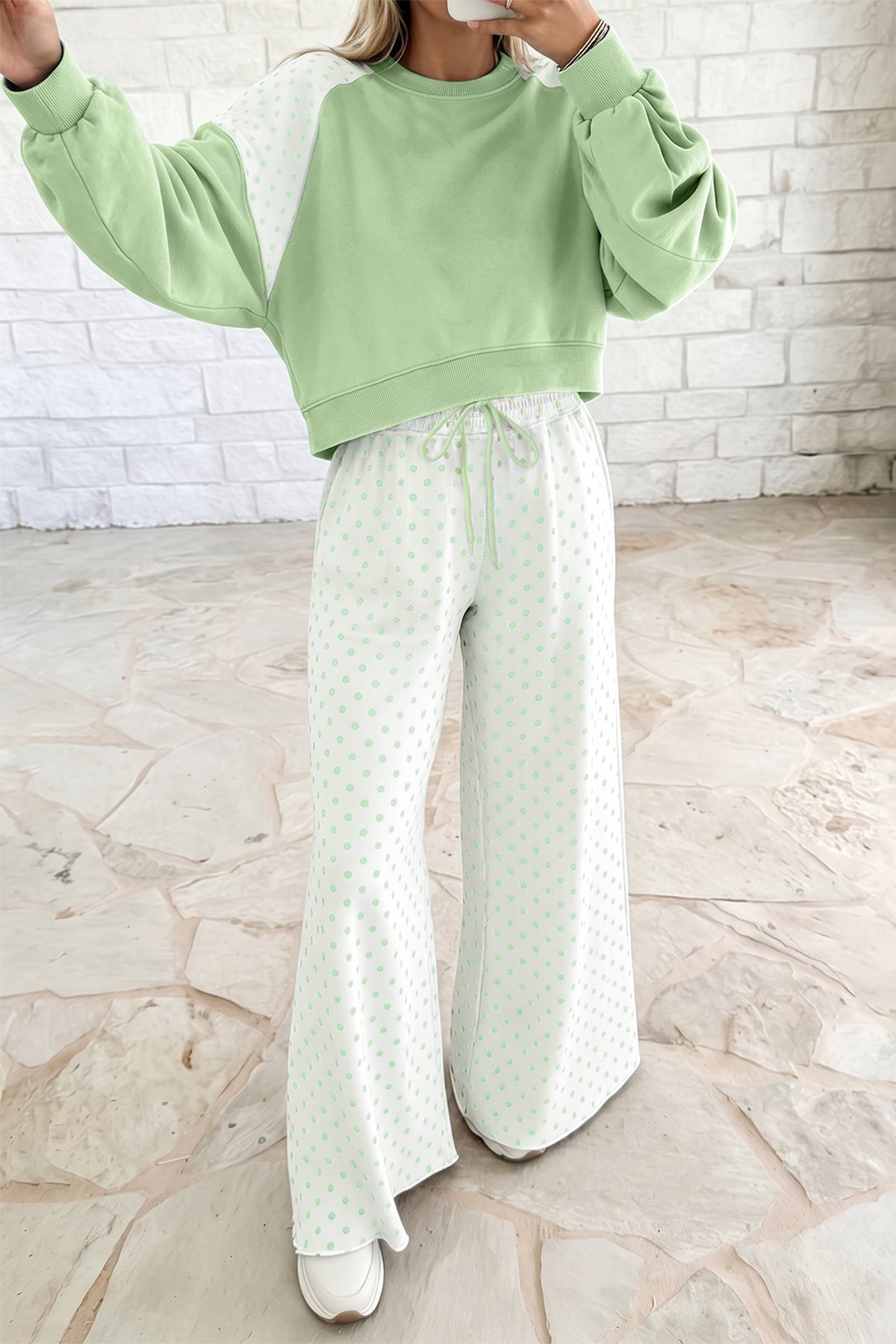 Polka Dot Patchwork Colorblock Long Sleeve Casual Two Piece Pants Set/4 Color Options