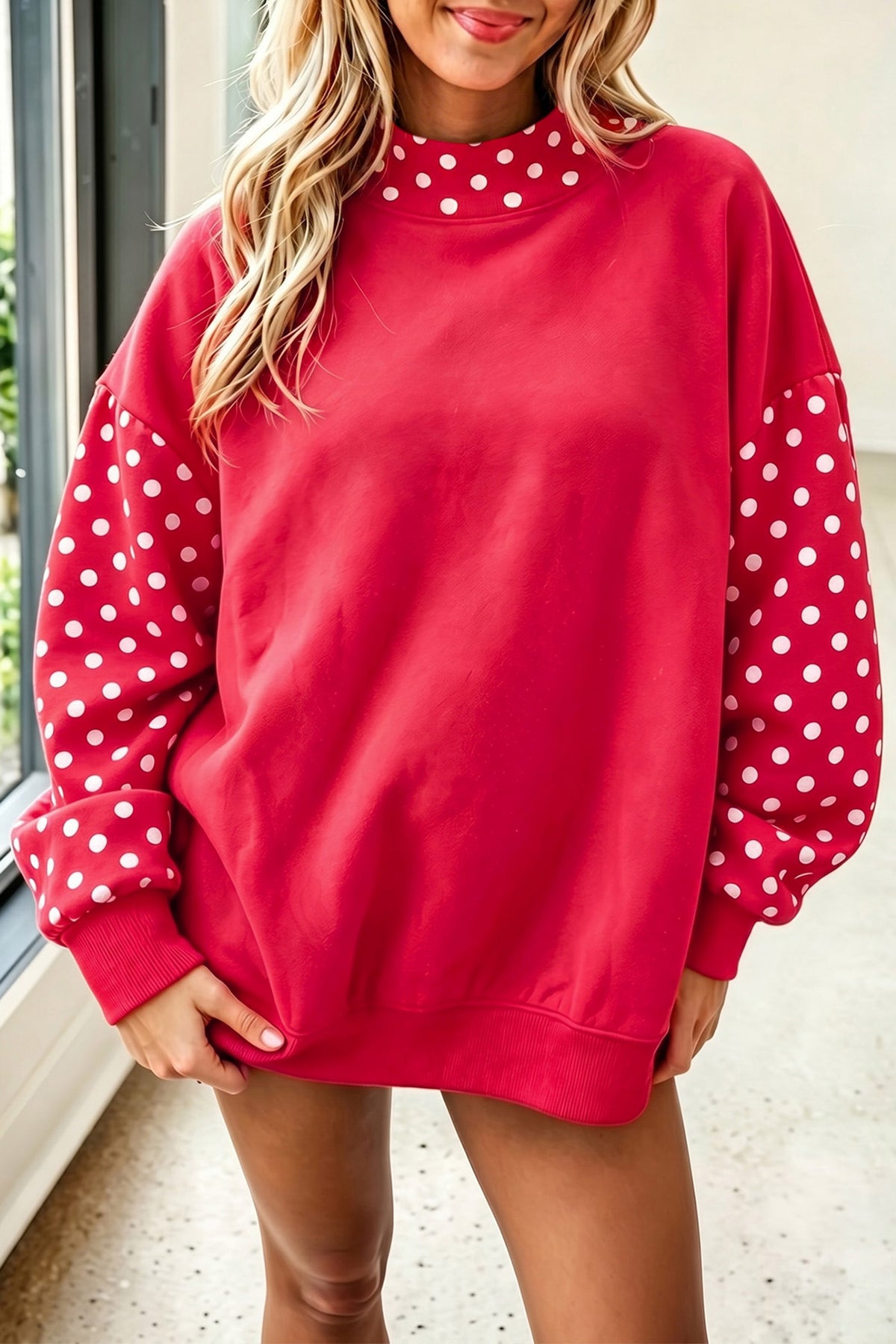 Polka Dot Contrast Round Neck Long Sleeve Baggy Sweatshirt/4 Color Options
