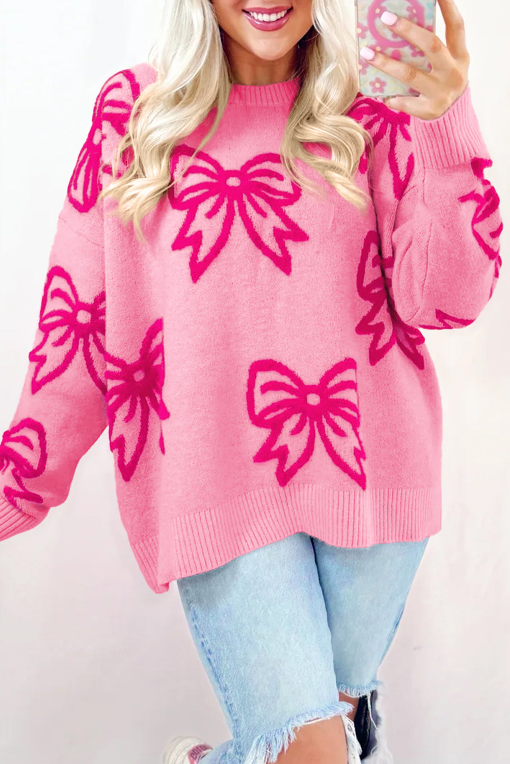 Bow Pattern Drop Shoulder Loose Sweater/2 Color Options