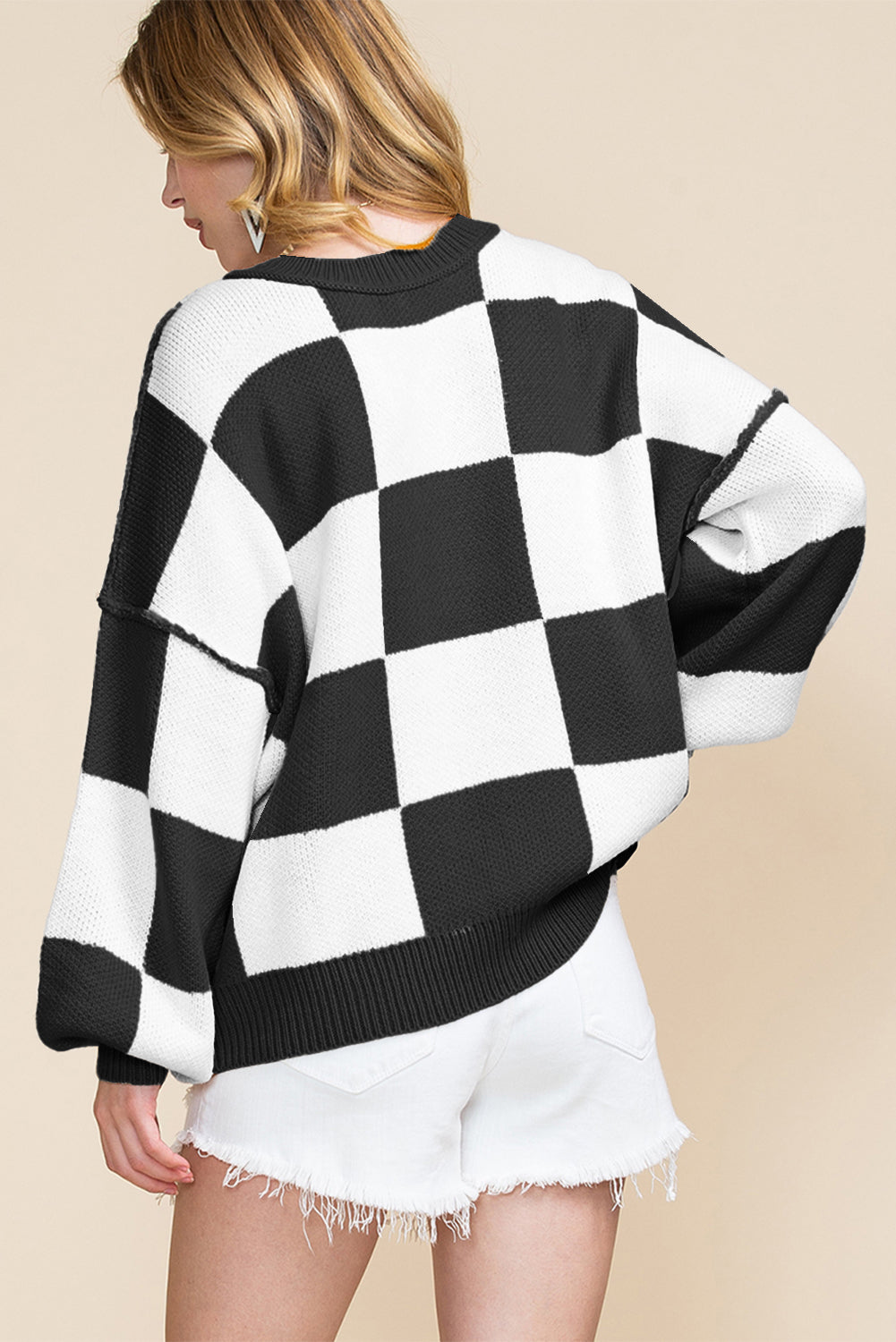 Checkered Bishop Sleeve Sweater/3 Color Options
