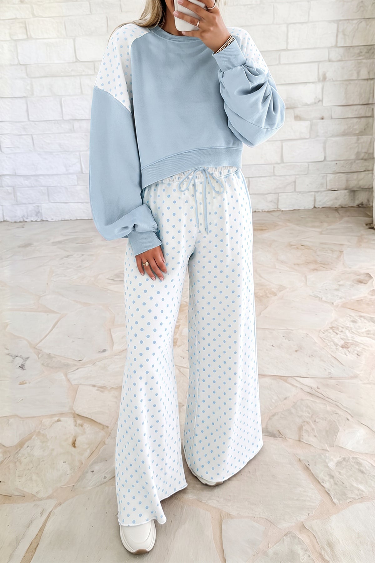 Polka Dot Patchwork Colorblock Long Sleeve Casual Two Piece Pants Set/4 Color Options