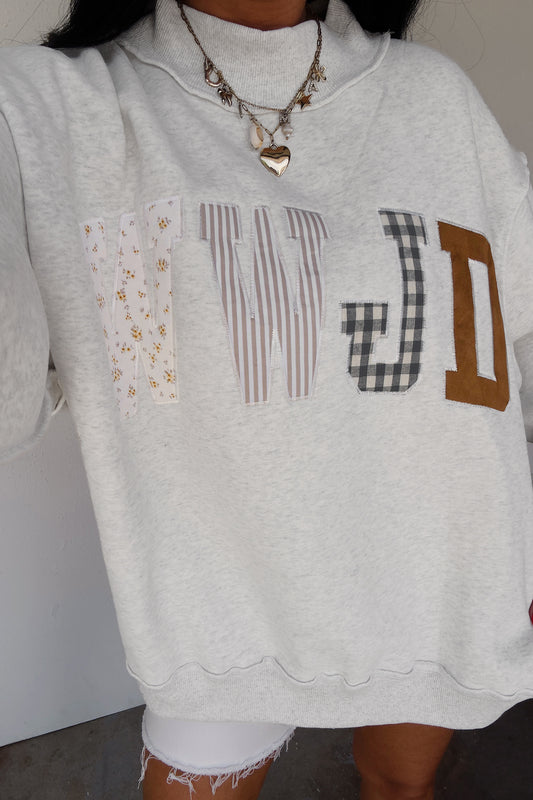 WWJD Mixed Pattern Embroidered Patch Graphic Mock Neck Sweatshirt/3 Color Options