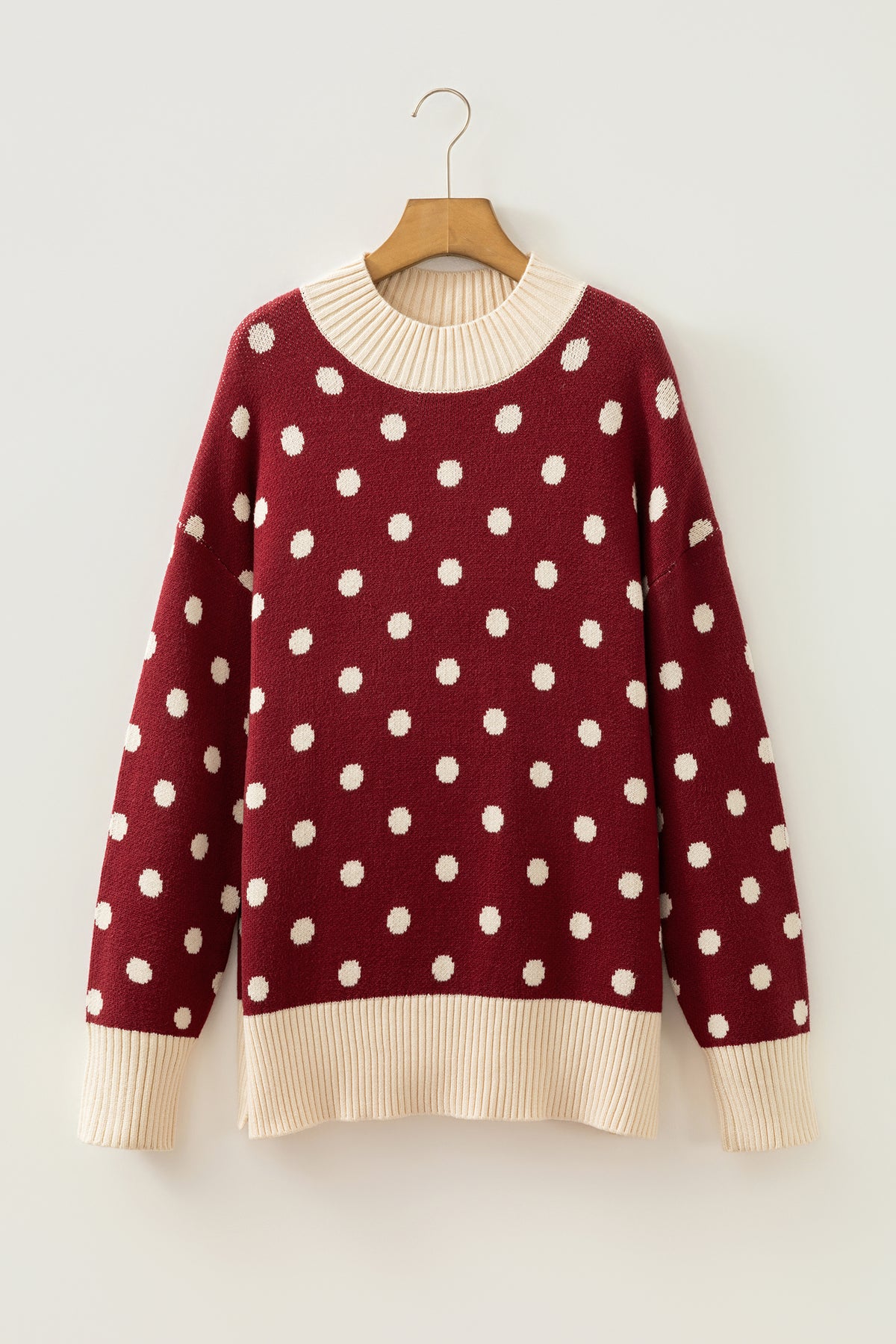 Polka Dot Pattern Ribbed Colorblock Trim Split Tunic Sweater/3 Color Options