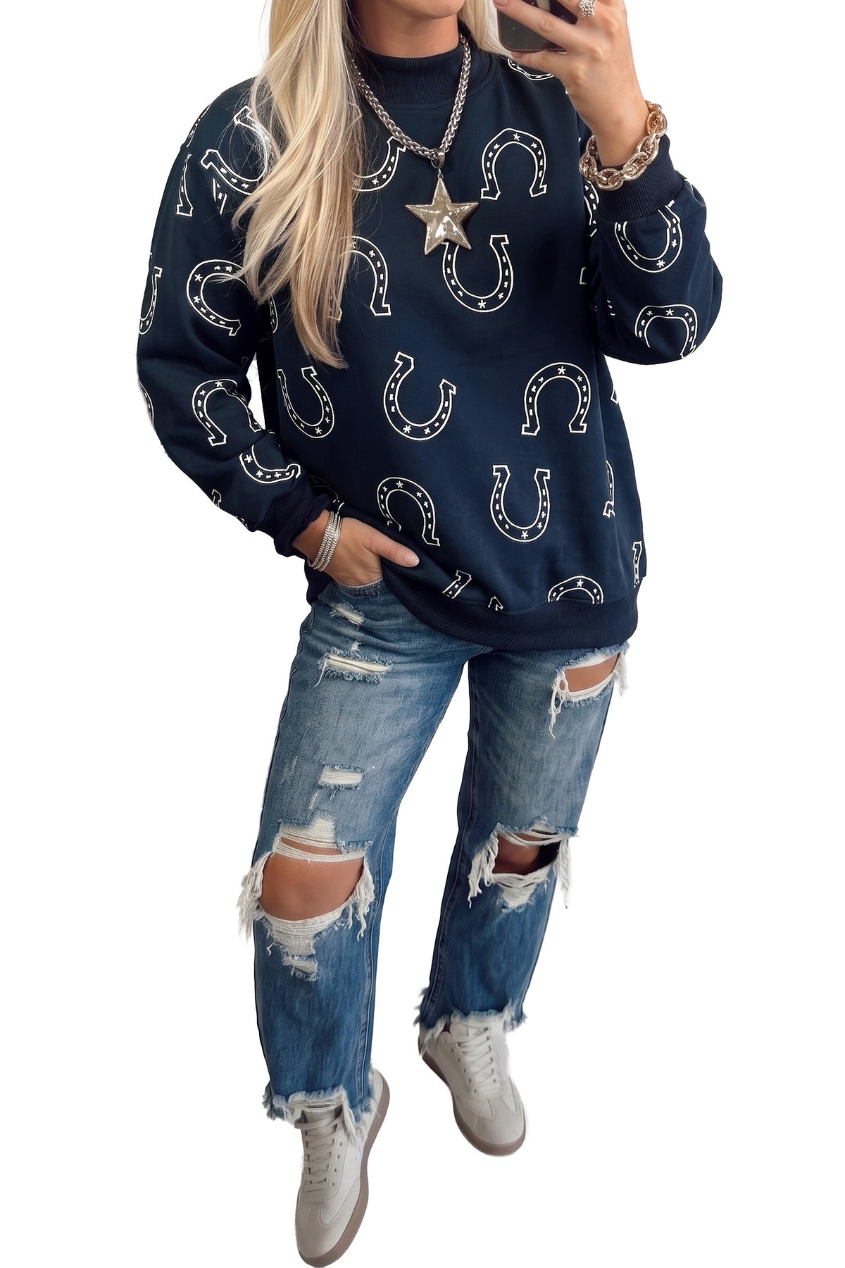 Horseshoe Print Mock Neck Casual Pullover Sweatshirt/2 Colors Options