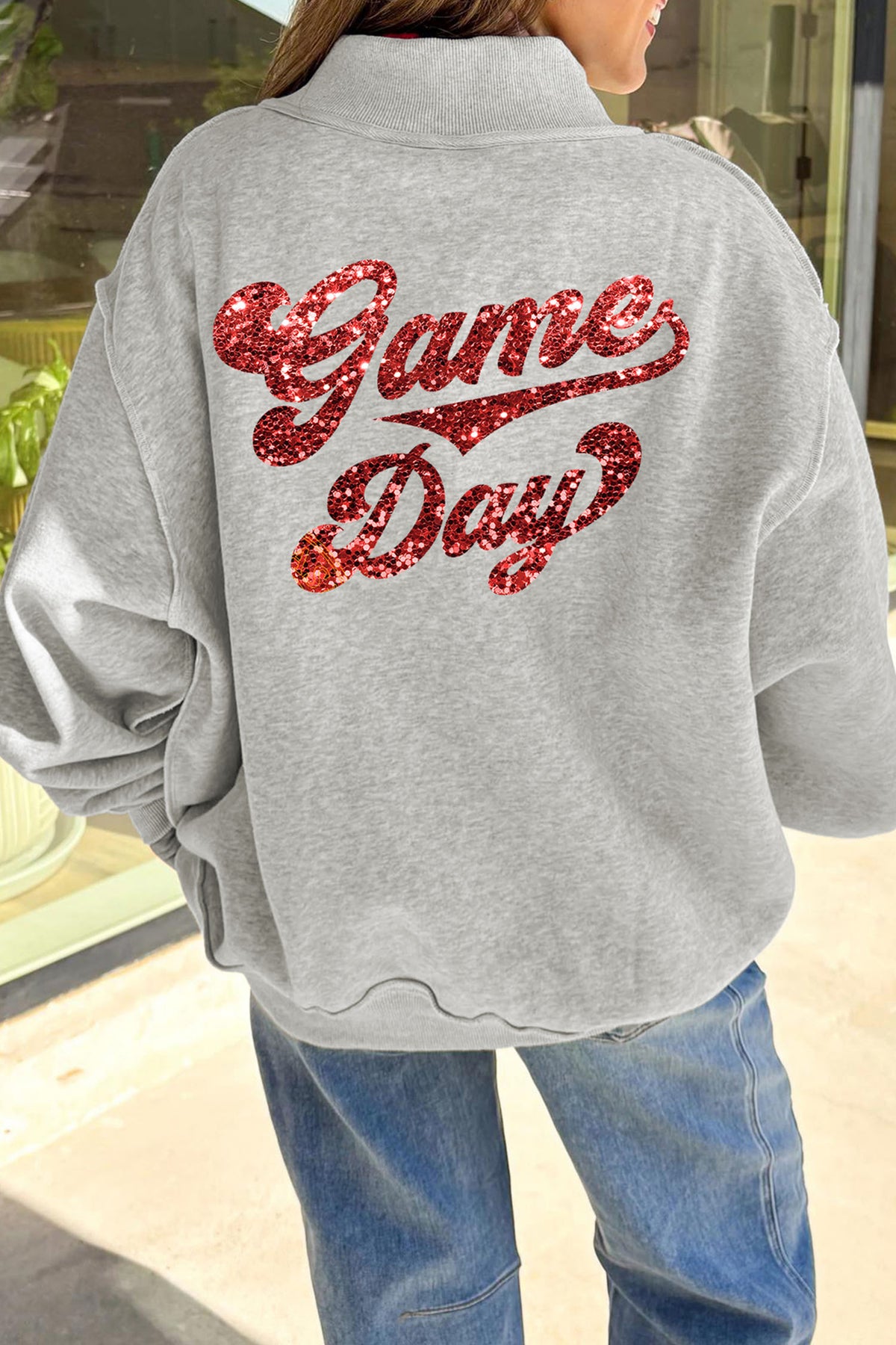 Football Patch Sequin Game Day Lettering Mock Neck Tunic Sweatshirt