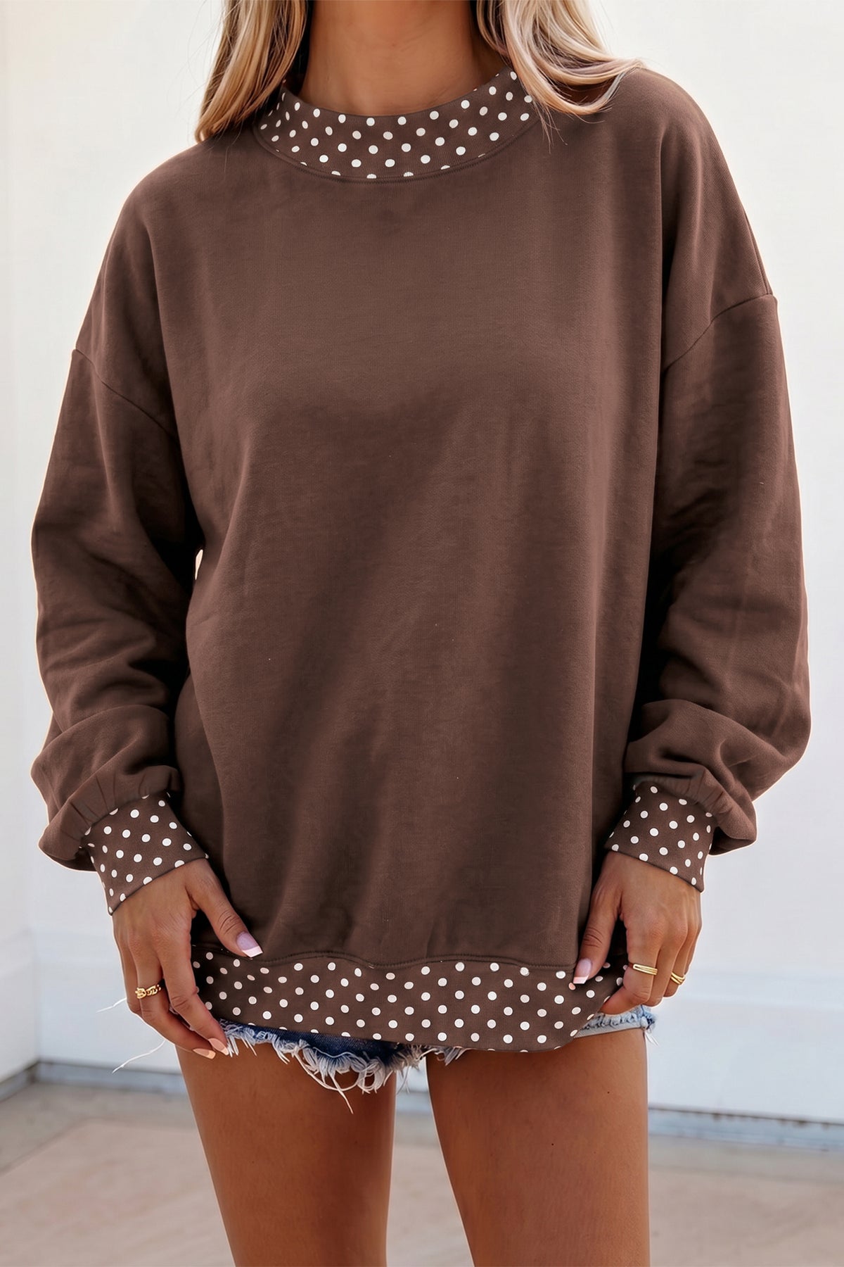 Colorblock Polka Dot Contrast Trim Oversized Sweatshirt/9 Color Options