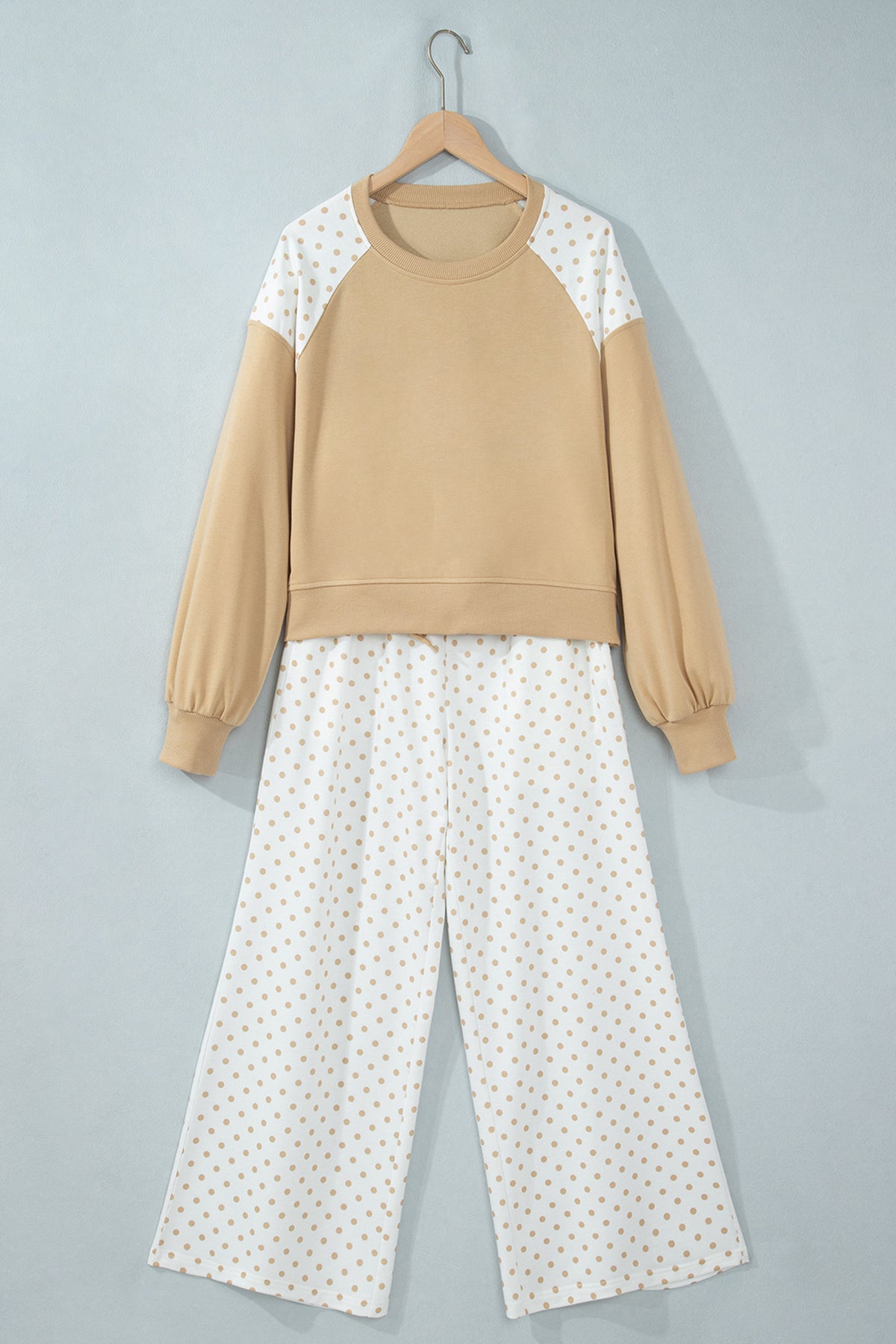 Polka Dot Patchwork Colorblock Long Sleeve Casual Two Piece Pants Set/4 Color Options