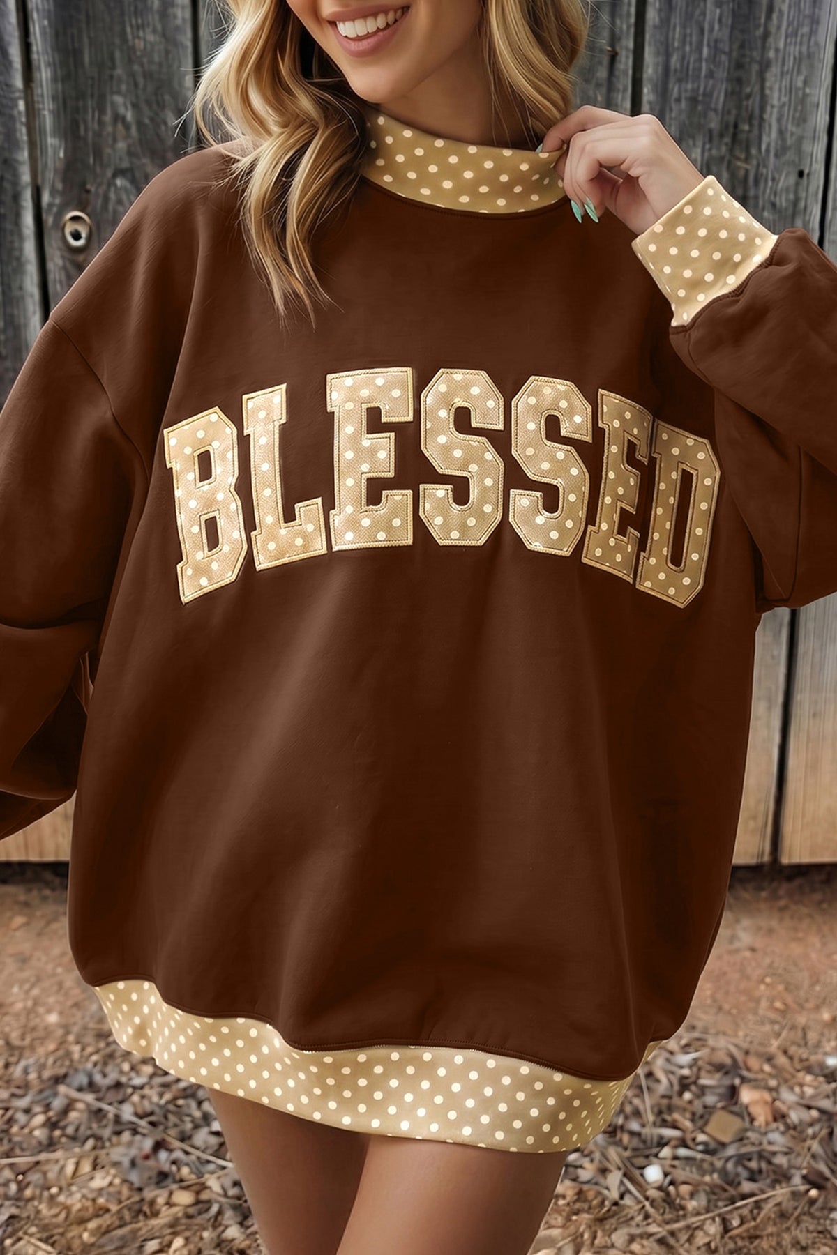 Polka Dot Trim High Neck Letter Graphic Baggy Sweatshirt/3 Color/Styles