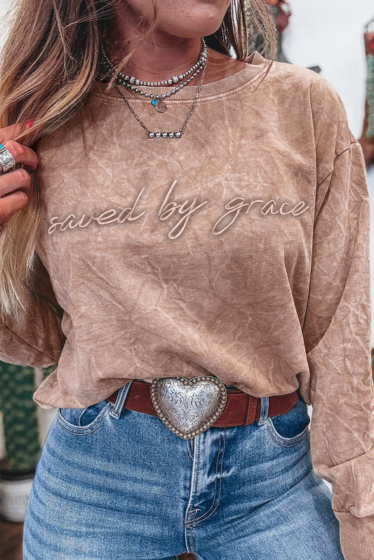 Saved By Grace Letter Embroidery Mineral Wash Loose Sweatshirt/3 Color Options