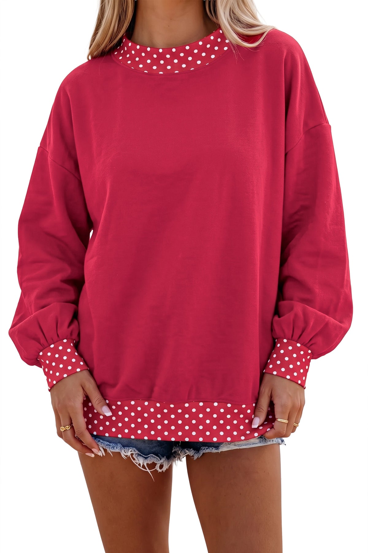 Colorblock Polka Dot Contrast Trim Oversized Sweatshirt/9 Color Options