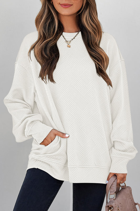 Textured Round Neck Drop Shoulder Pullover Sweatshirt/5 Color Options