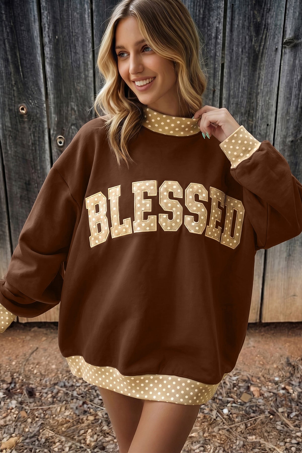 Polka Dot Trim High Neck Letter Graphic Baggy Sweatshirt/3 Color/Styles