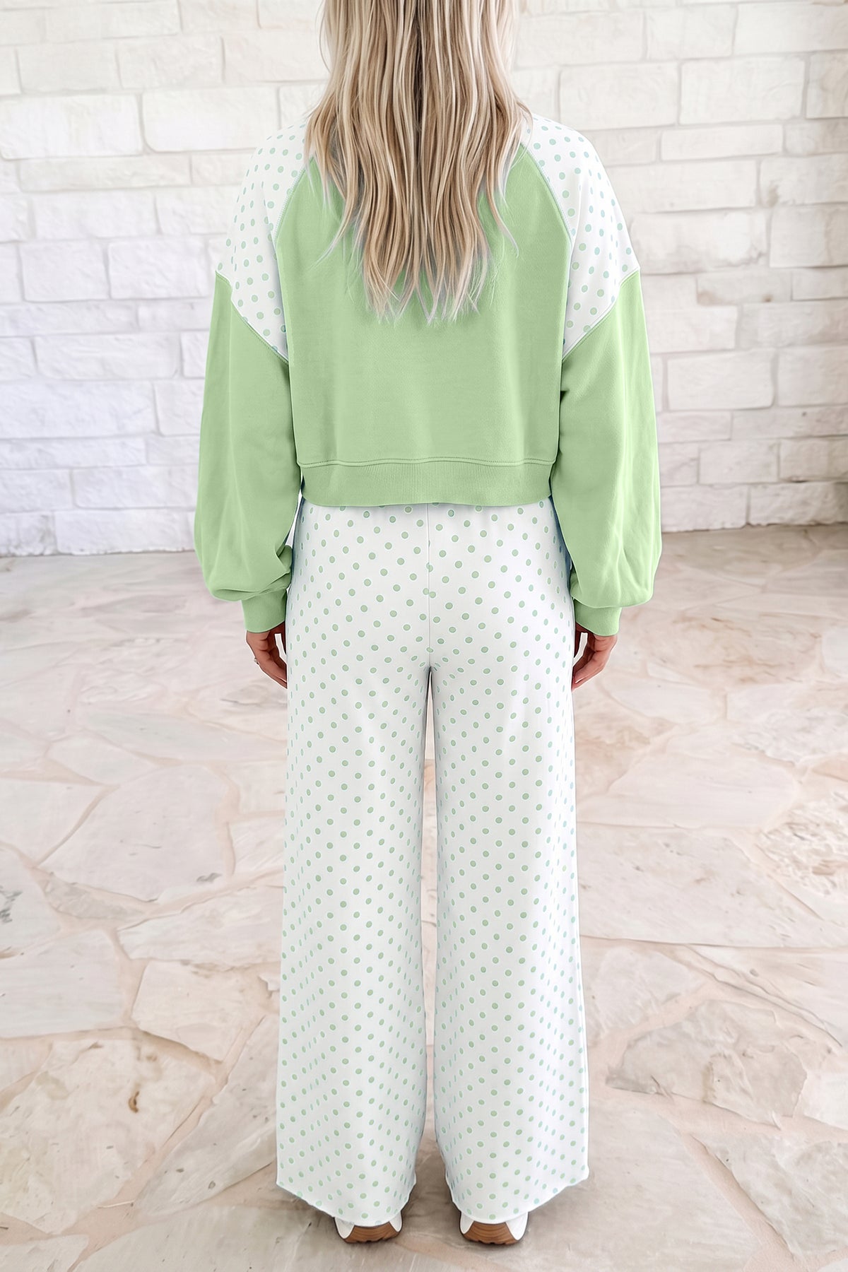 Polka Dot Patchwork Colorblock Long Sleeve Casual Two Piece Pants Set/4 Color Options