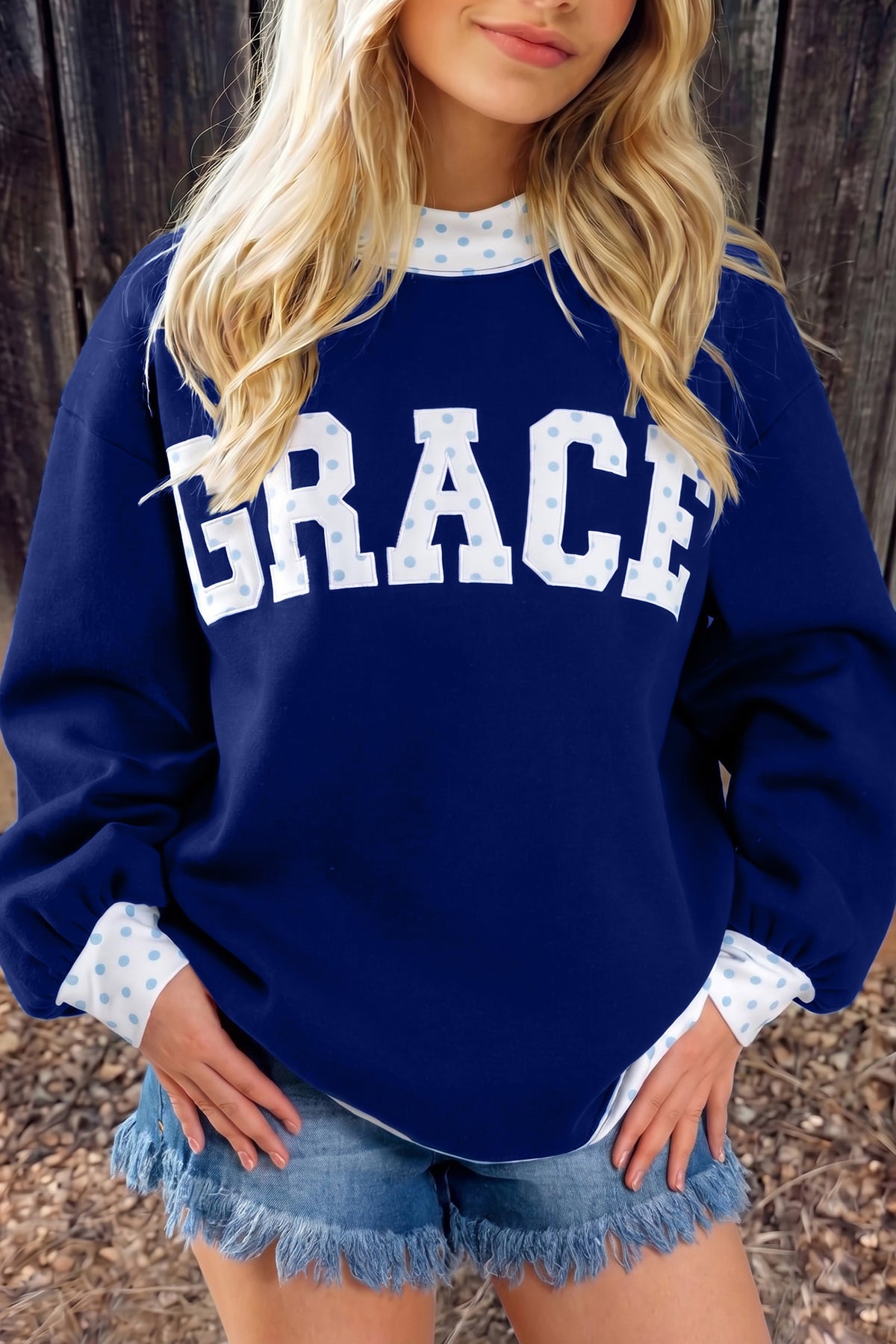 Polka Dot Trim High Neck Letter Graphic Baggy Sweatshirt/3 Color/Styles