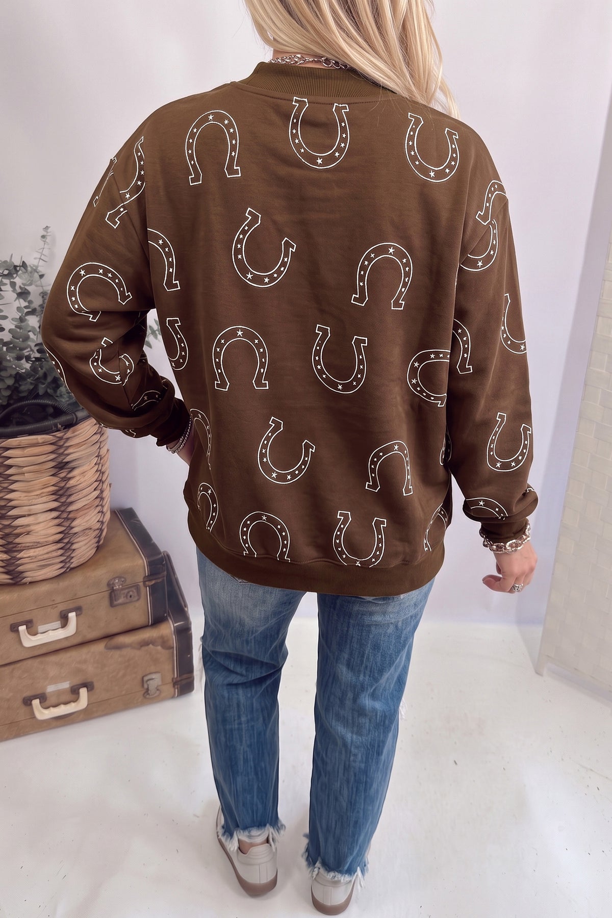 Horseshoe Print Mock Neck Casual Pullover Sweatshirt/2 Colors Options