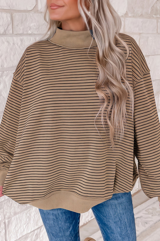 Stripe Ribbed Color Block Mock Neck Oversized Sweatshirt/4 Color Options