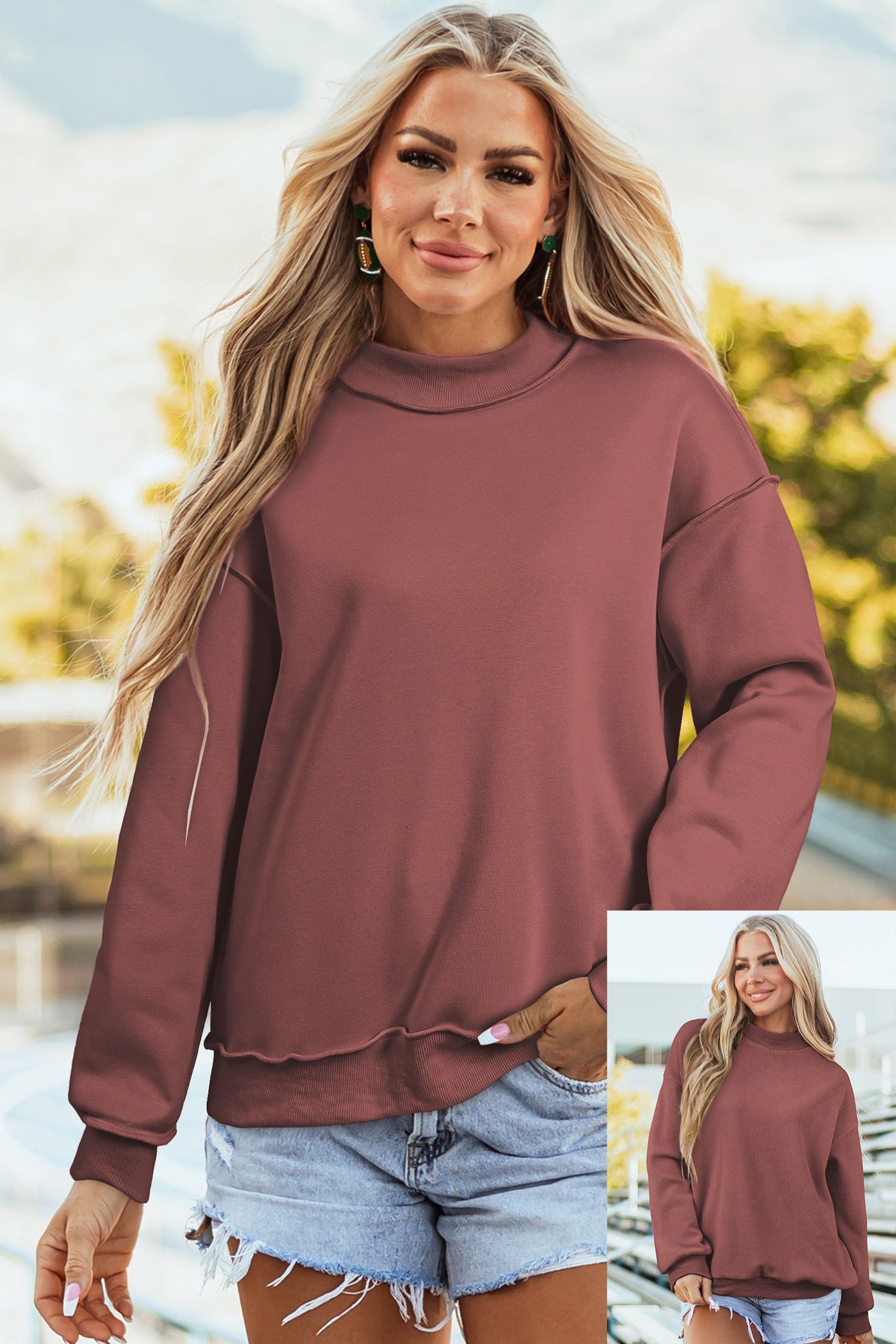 Oversize Drop Shoulder Reversible Mock Neck Sweatshirt/14 Color Options
