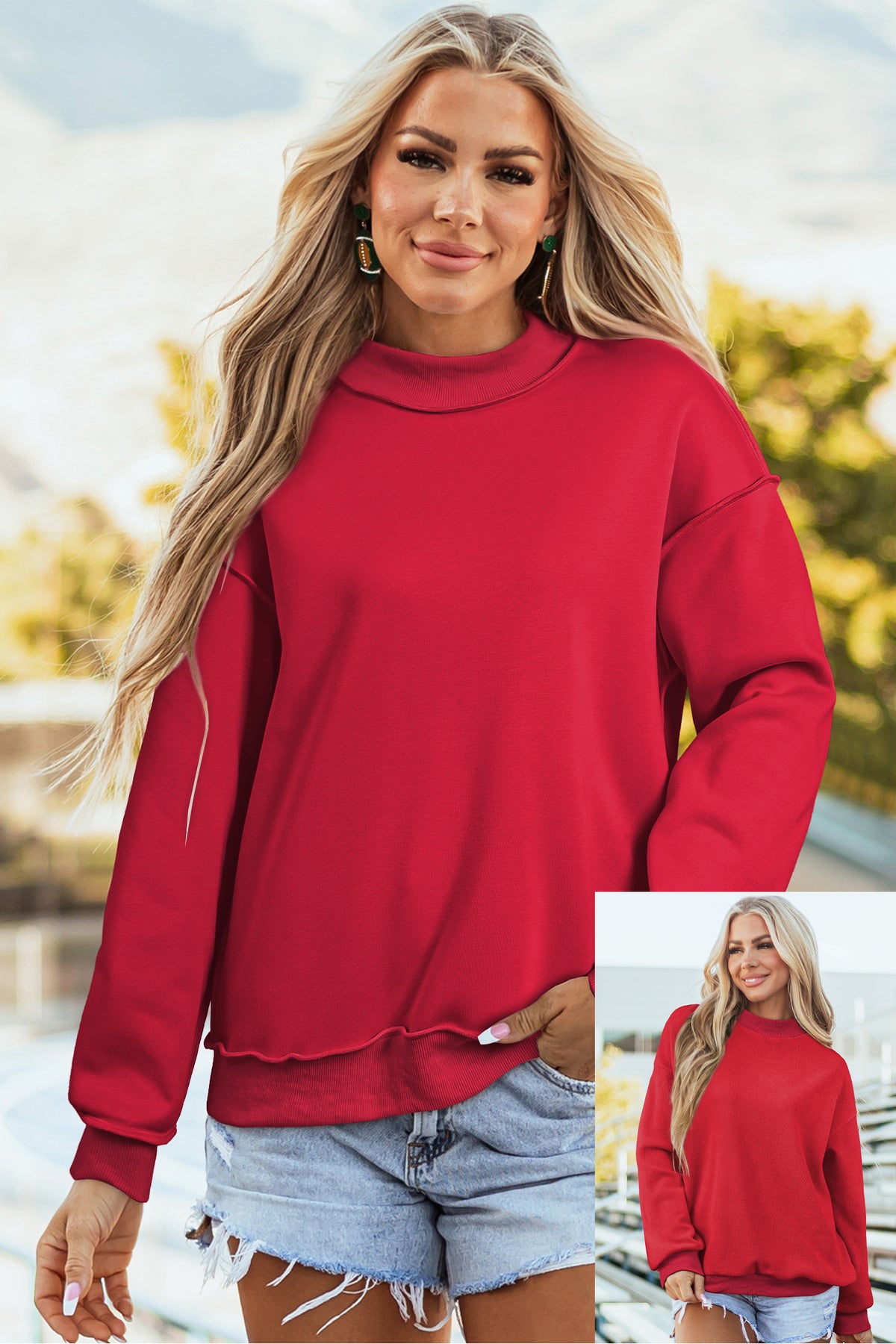Oversize Drop Shoulder Reversible Mock Neck Sweatshirt/14 Color Options