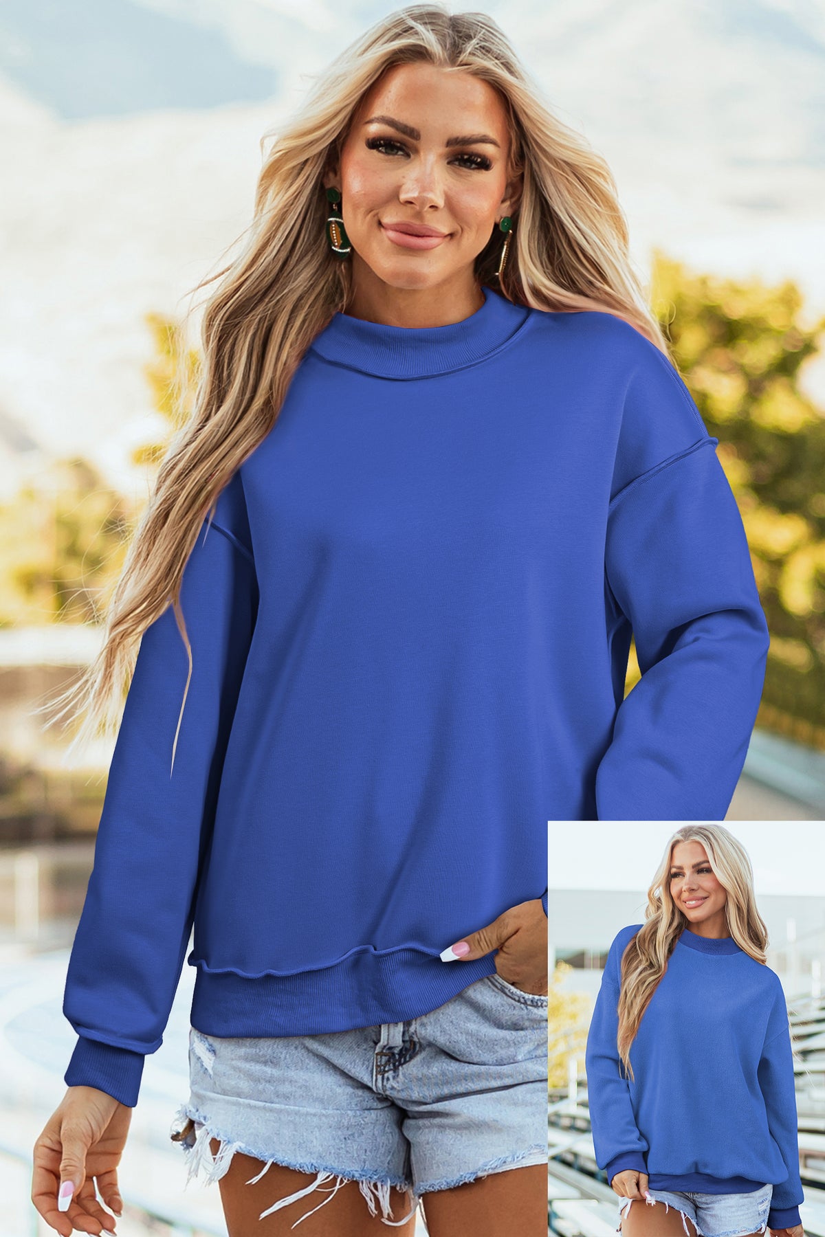 Oversize Drop Shoulder Reversible Mock Neck Sweatshirt/14 Color Options