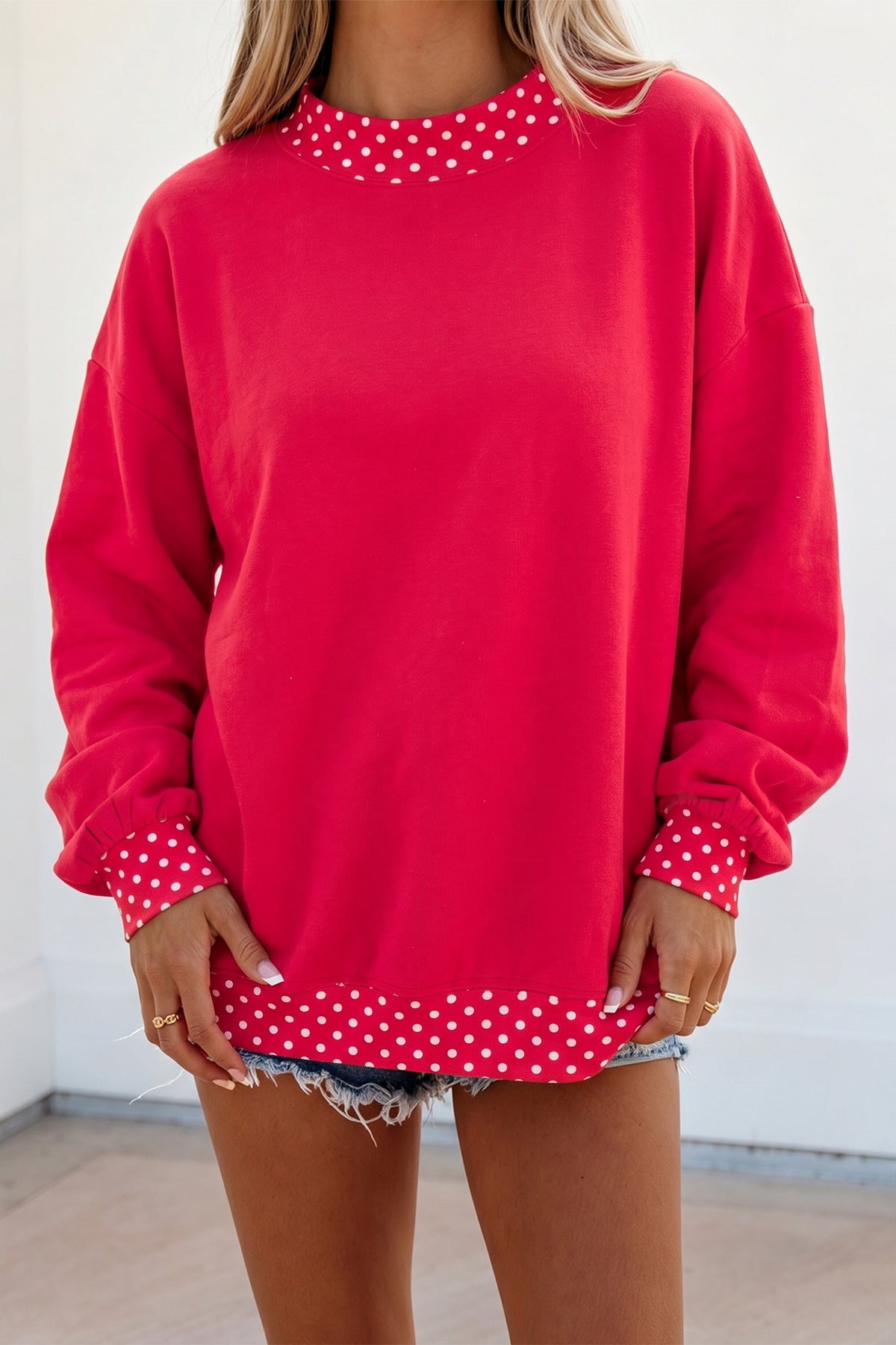 Colorblock Polka Dot Contrast Trim Oversized Sweatshirt/9 Color Options
