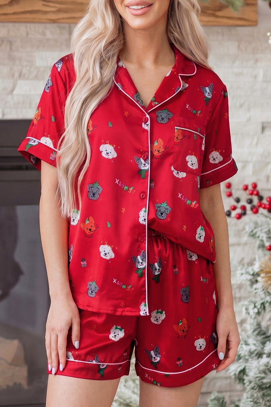 Festive Dog Print Short Sleeve Two Piece Lounge Set