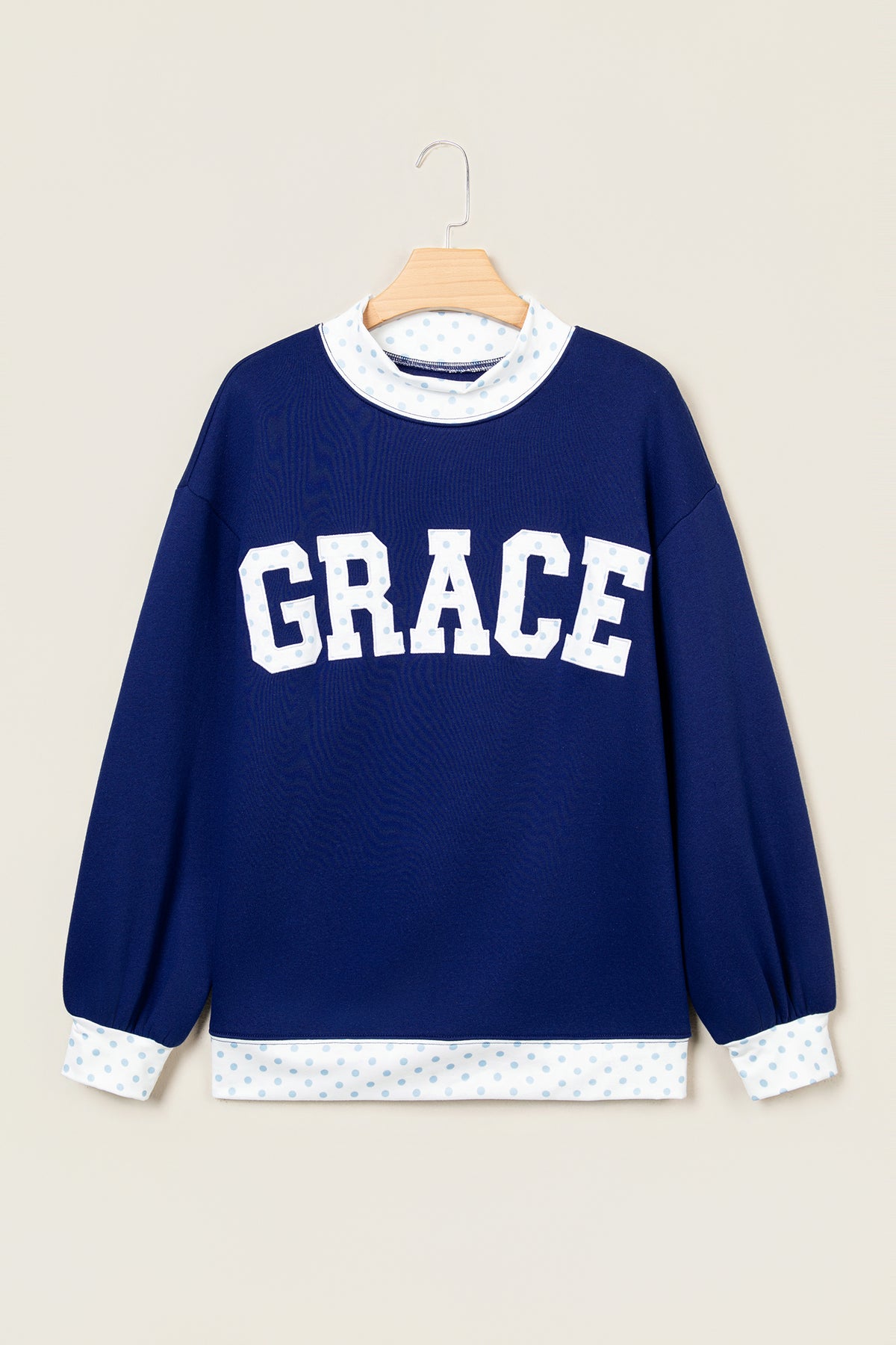 Polka Dot Trim High Neck Letter Graphic Baggy Sweatshirt/3 Color/Styles