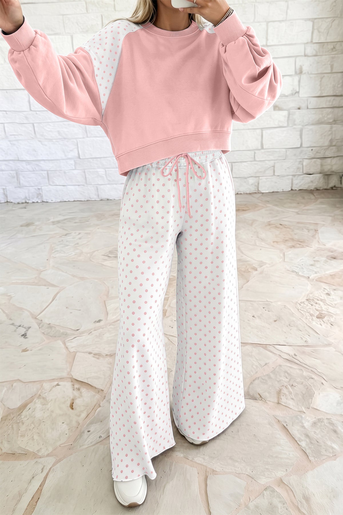 Polka Dot Patchwork Colorblock Long Sleeve Casual Two Piece Pants Set/4 Color Options