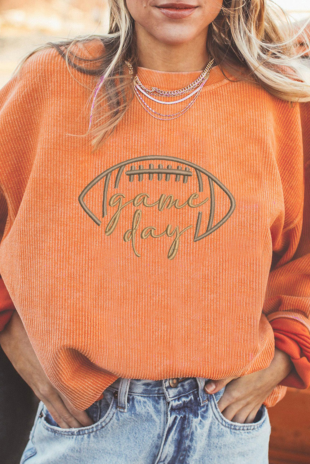 Rugby Game Day Embroidered Corduroy Sweatshirt/4 Color Options