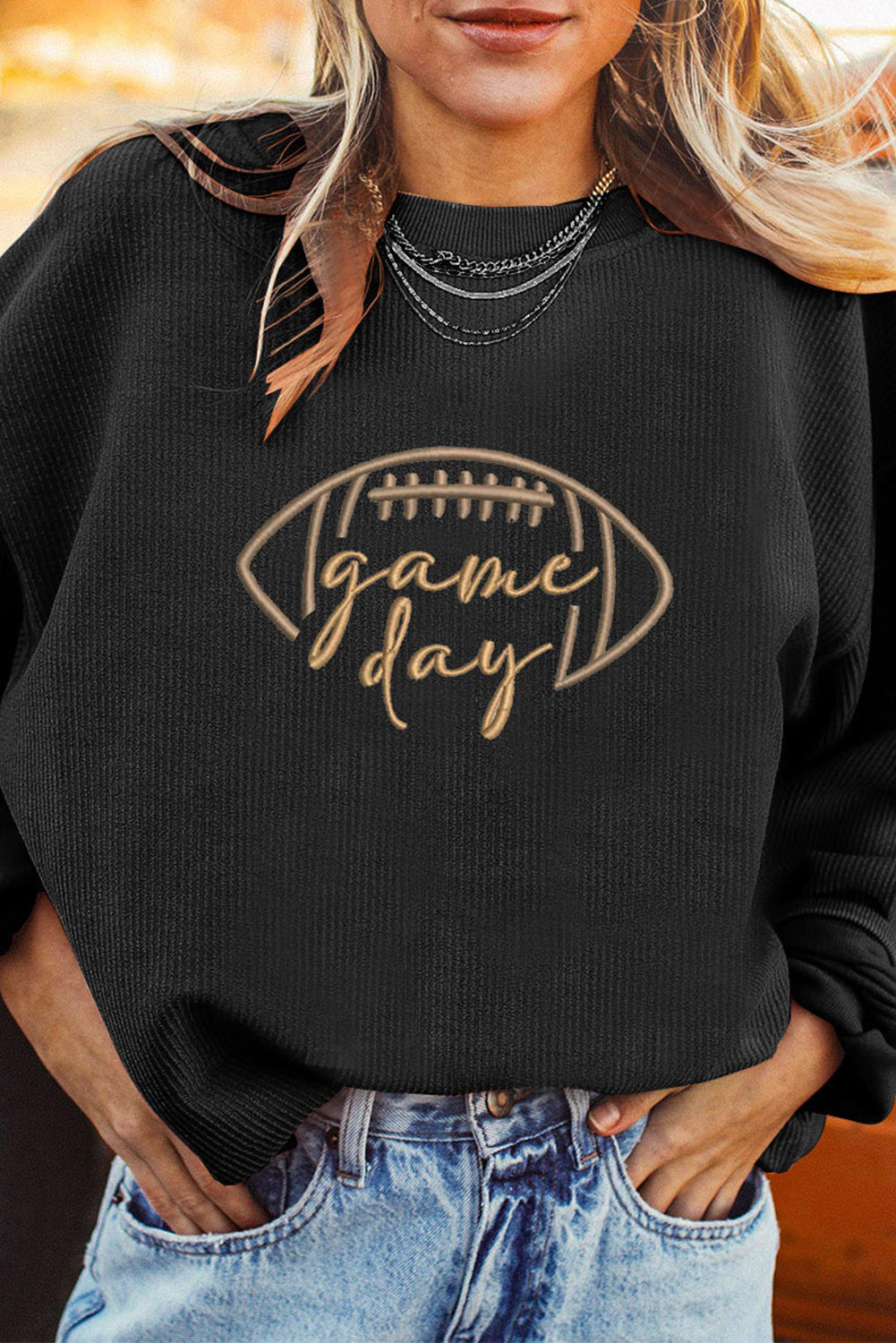 Rugby Game Day Embroidered Corduroy Sweatshirt/4 Color Options