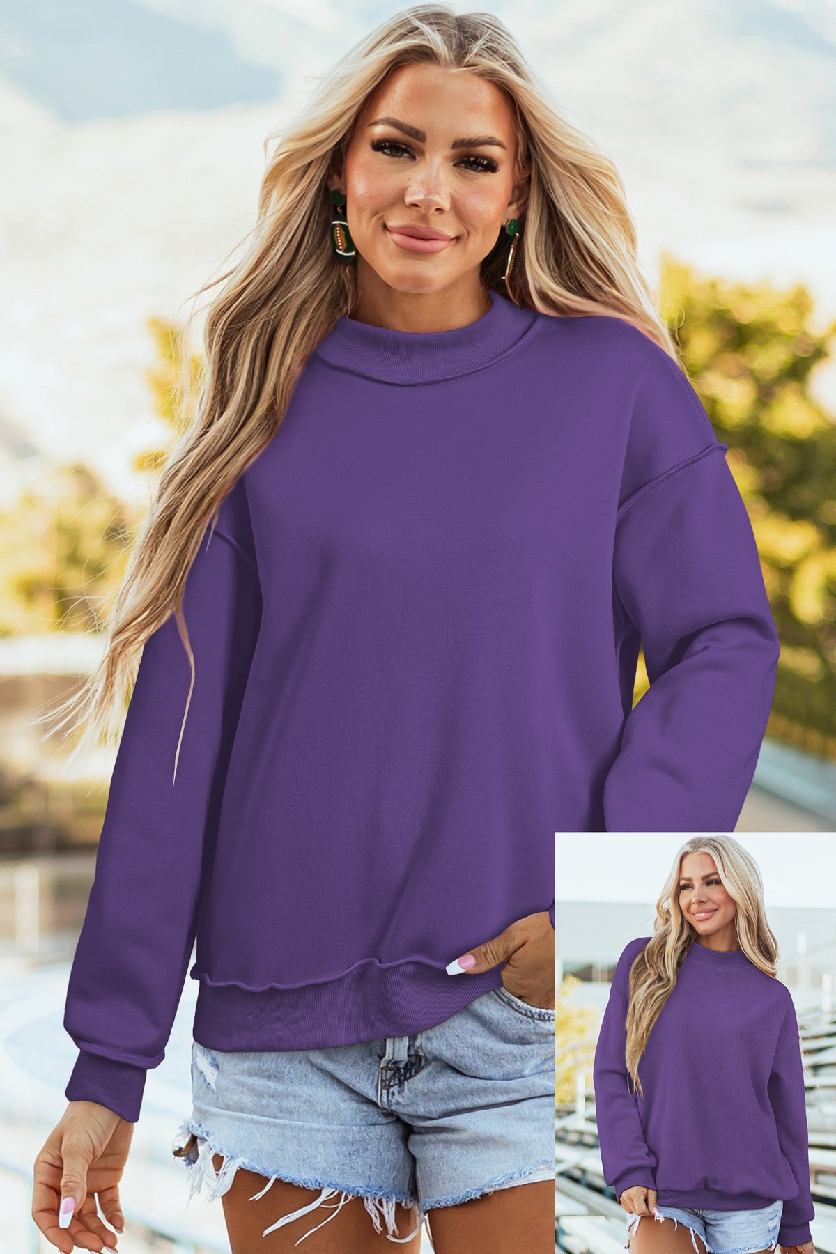 Oversize Drop Shoulder Reversible Mock Neck Sweatshirt/14 Color Options