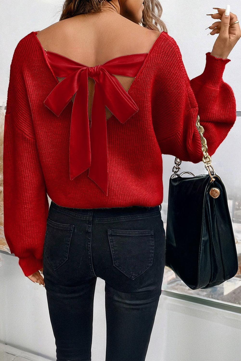 Lantern Sleeve V Neck Knot Back Sweater/5 Color Options