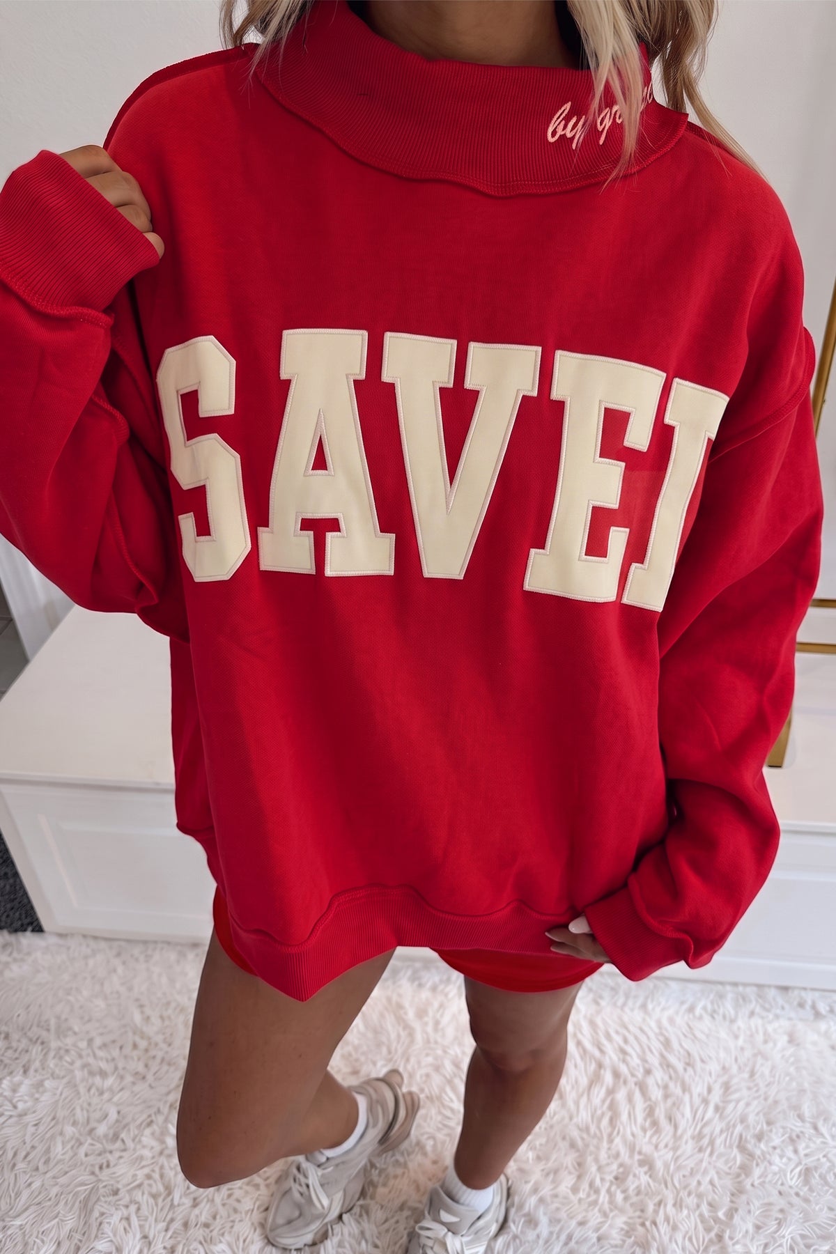Saved By Grace Embroidered Detail Letter Graphic High Neck Sweatshirt/2 Color Options