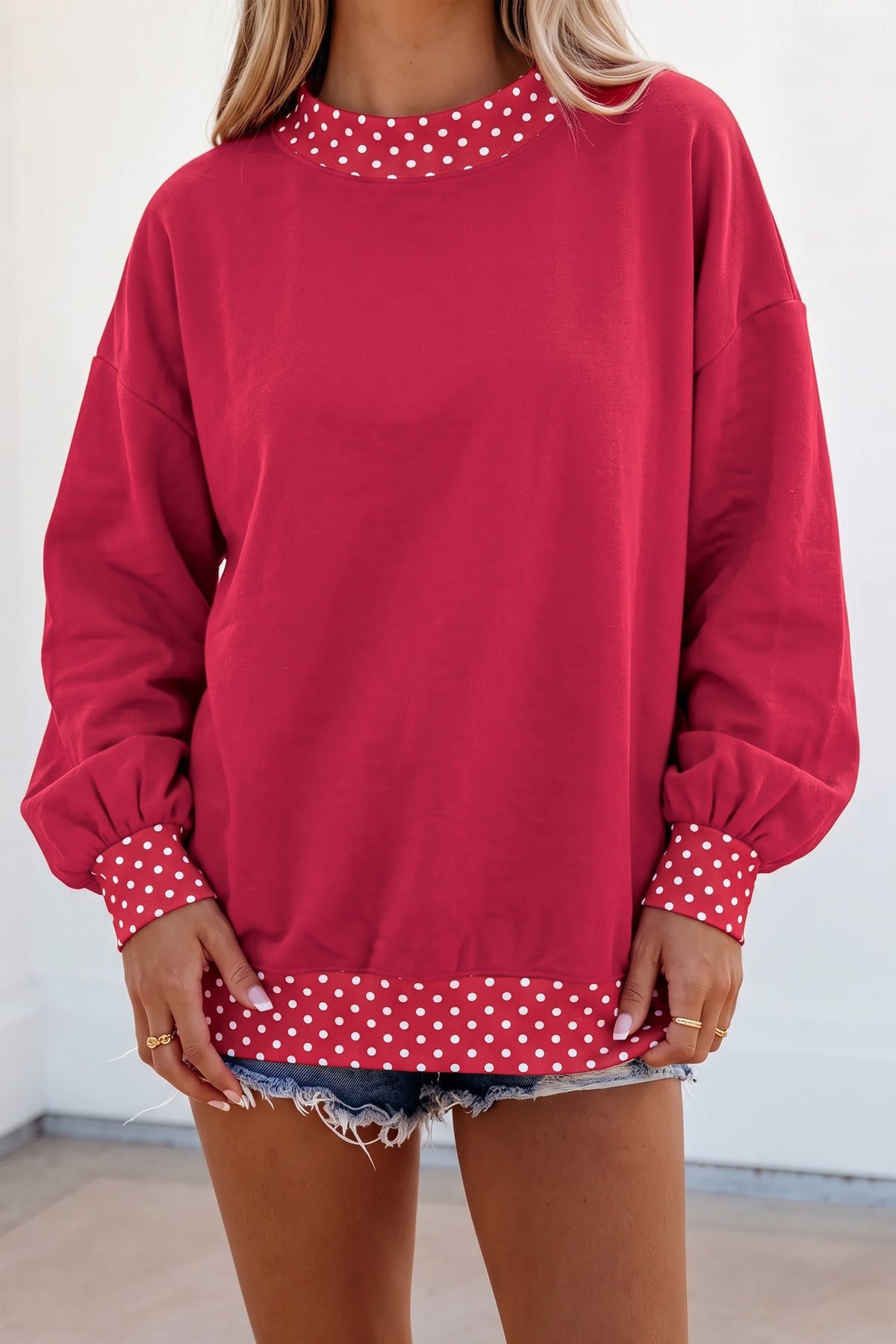Colorblock Polka Dot Contrast Trim Oversized Sweatshirt/9 Color Options