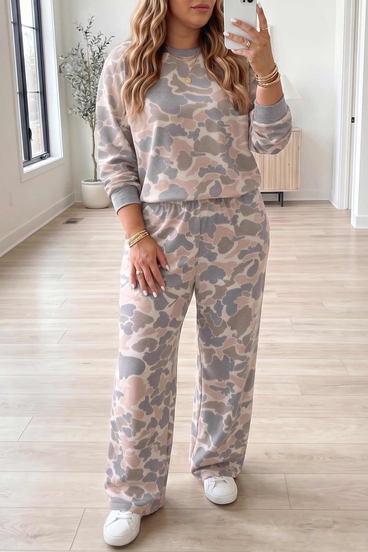 Camouflage Long Sleeve Round Neck Two-Piece Plus Size Set