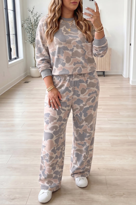 Camouflage Long Sleeve Round Neck Two-Piece Plus Size Set