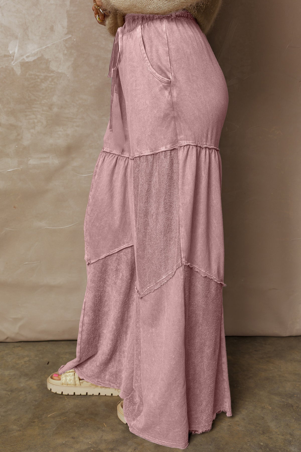 Mineral Wash Tiered Wide Leg Patchwork Drawstring Pants/3 Color Options