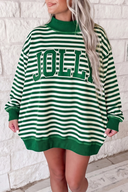 Stripe Christmas Slogan Embroidery Patched Mock Neck Oversized Sweatshirt/2 Color/Style Options