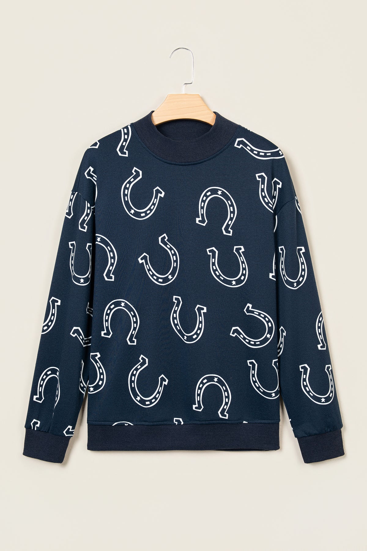 Horseshoe Print Mock Neck Casual Pullover Sweatshirt/2 Colors Options
