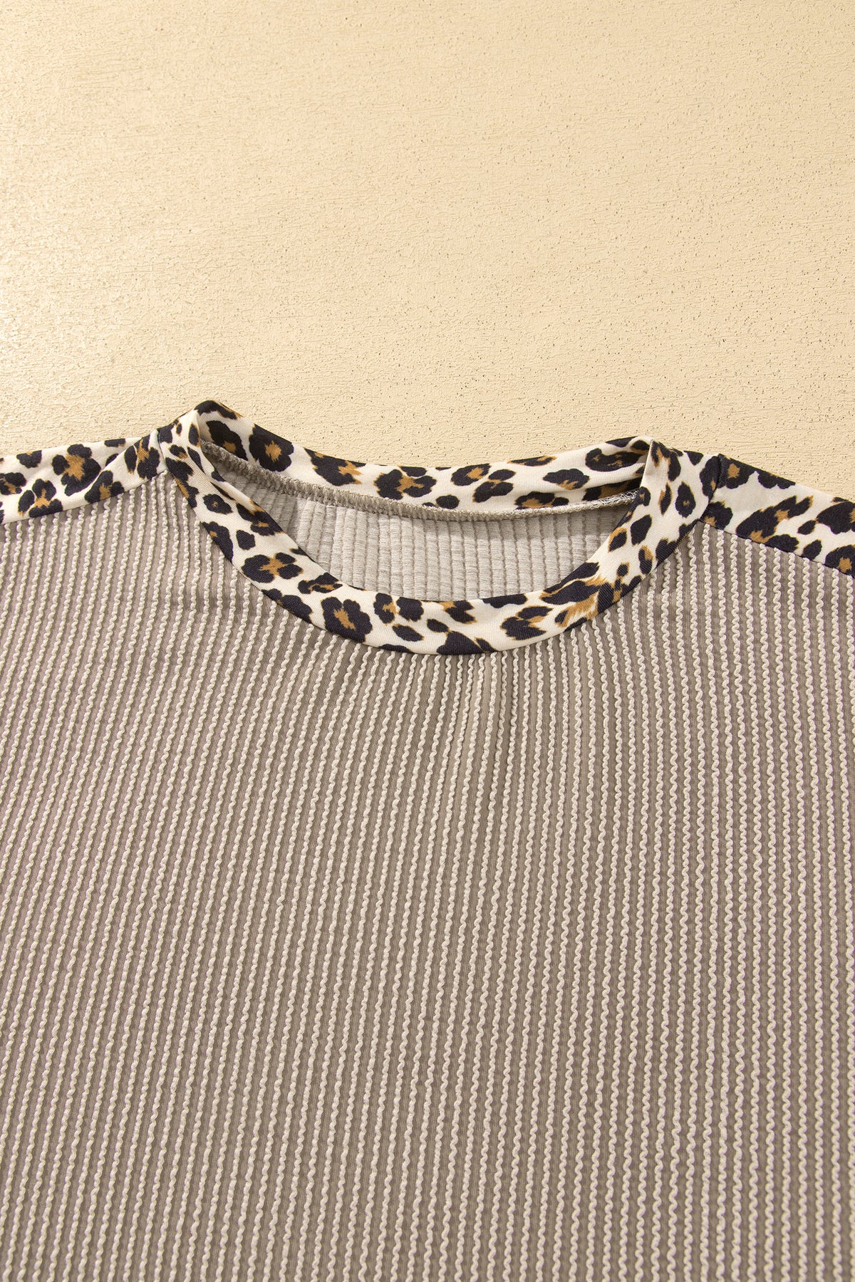 Cozy Ribbed Patchwork Leopard Trim Long Sleeve 2pcs Pant Set
