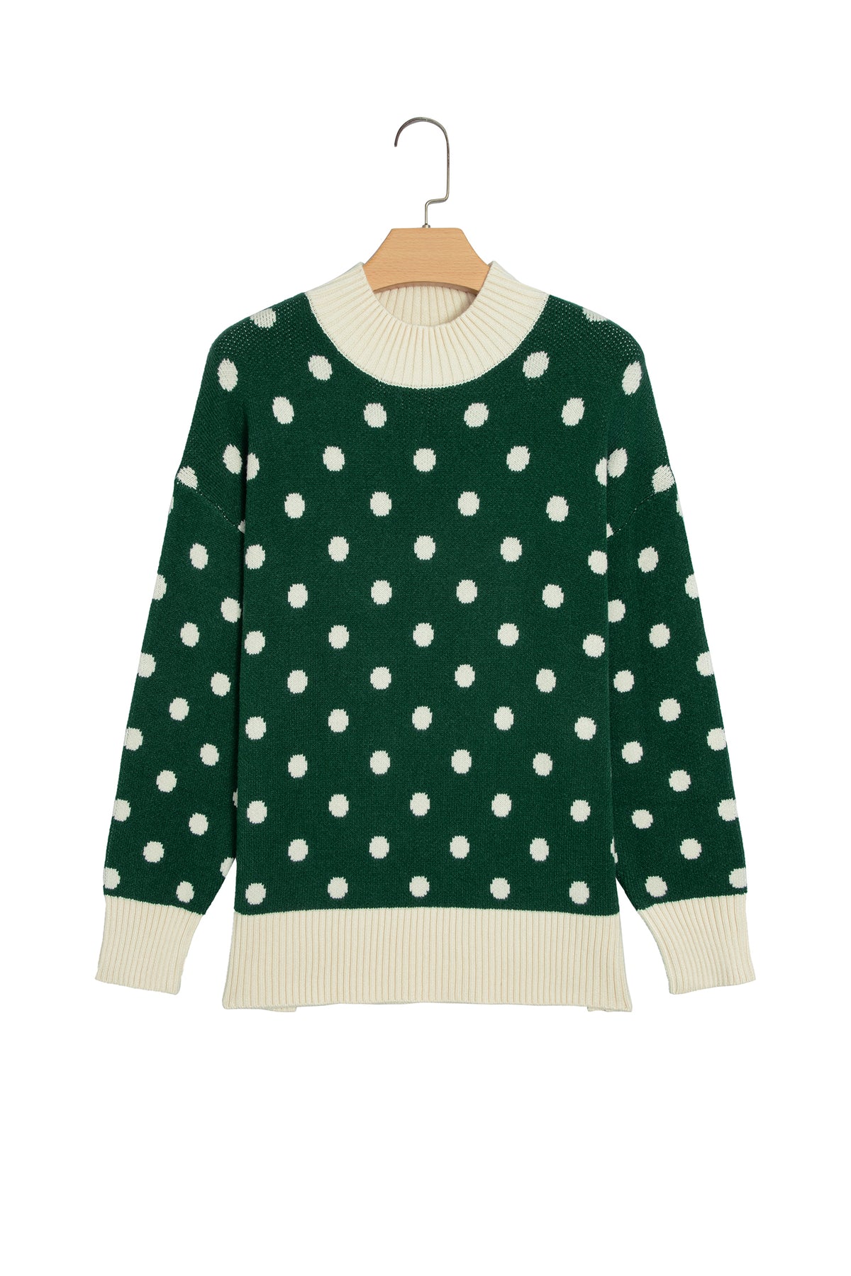 Polka Dot Pattern Ribbed Colorblock Trim Split Tunic Sweater/3 Color Options