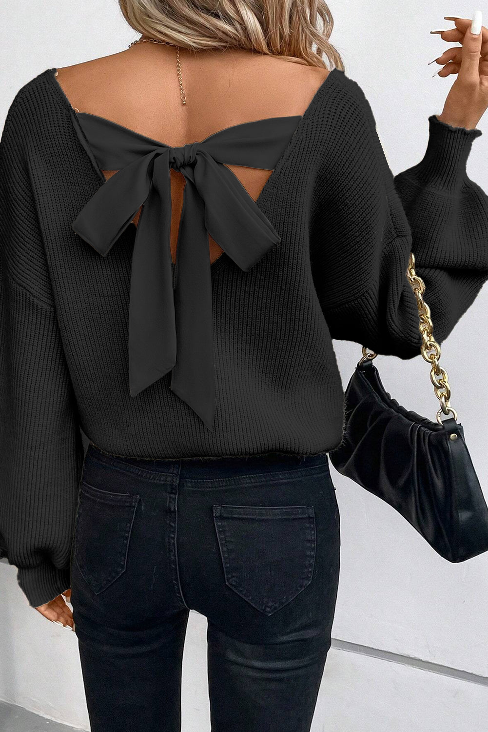Lantern Sleeve V Neck Knot Back Sweater/5 Color Options