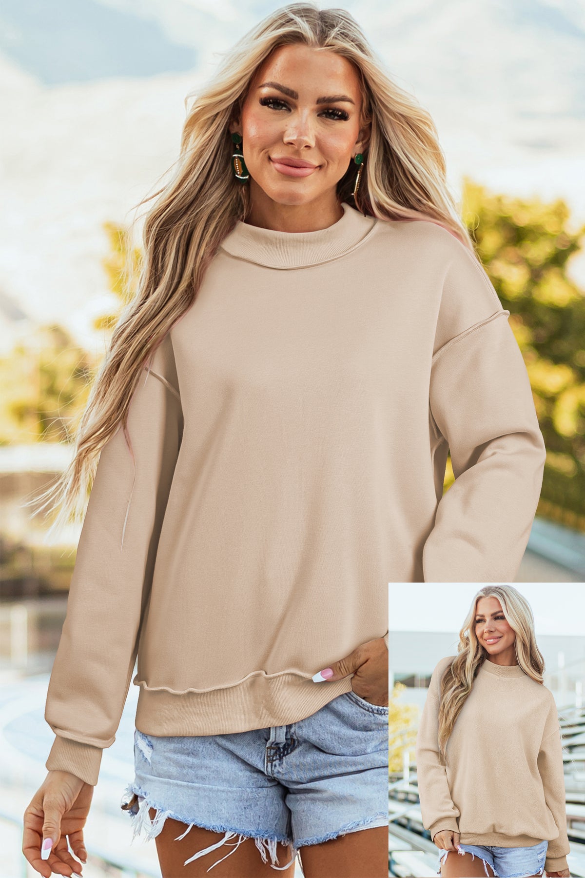 Oversize Drop Shoulder Reversible Mock Neck Sweatshirt/14 Color Options