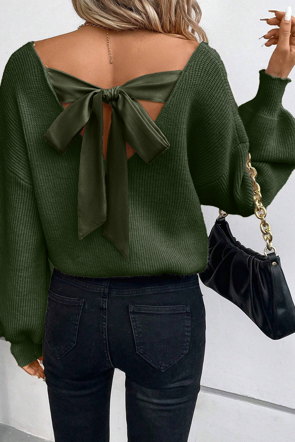 Lantern Sleeve V Neck Knot Back Sweater/5 Color Options