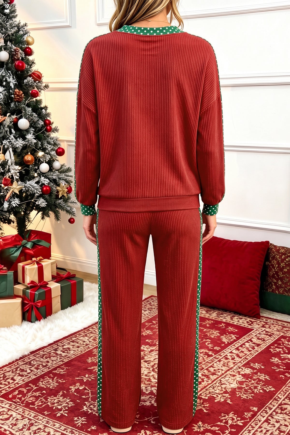 Cozy Ribbed Patchwork Leopard Trim Long Sleeve 2pcs Pant Set