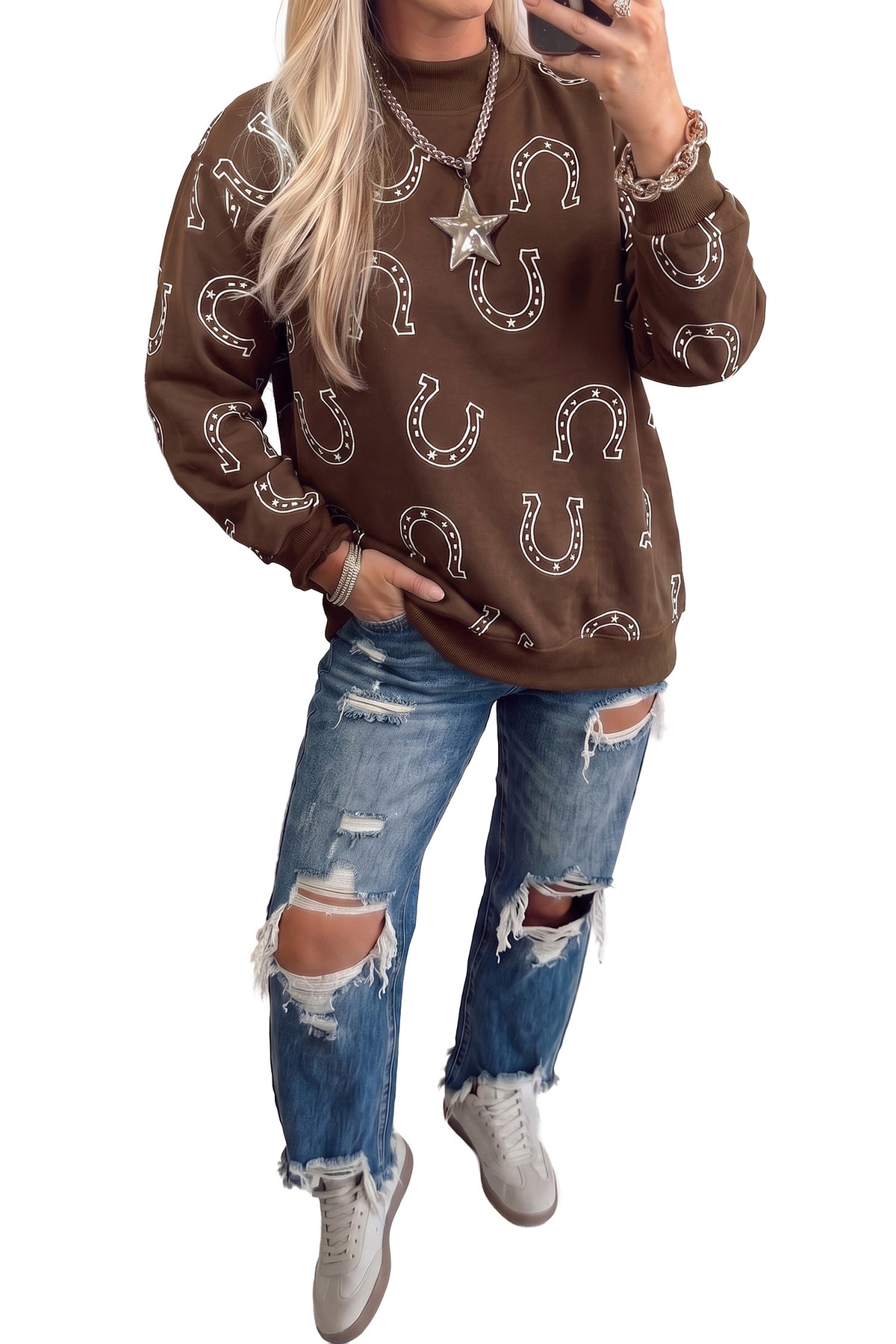 Horseshoe Print Mock Neck Casual Pullover Sweatshirt/2 Colors Options