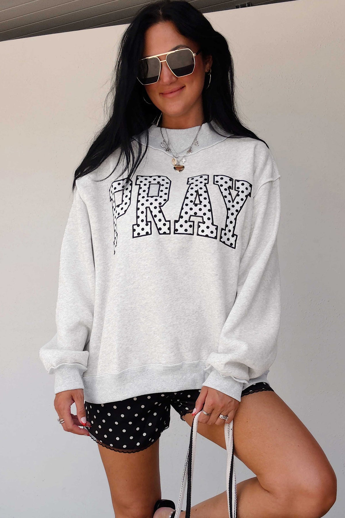 PRAY Polka Dot Embroidered Mock Neck Sweatshirt