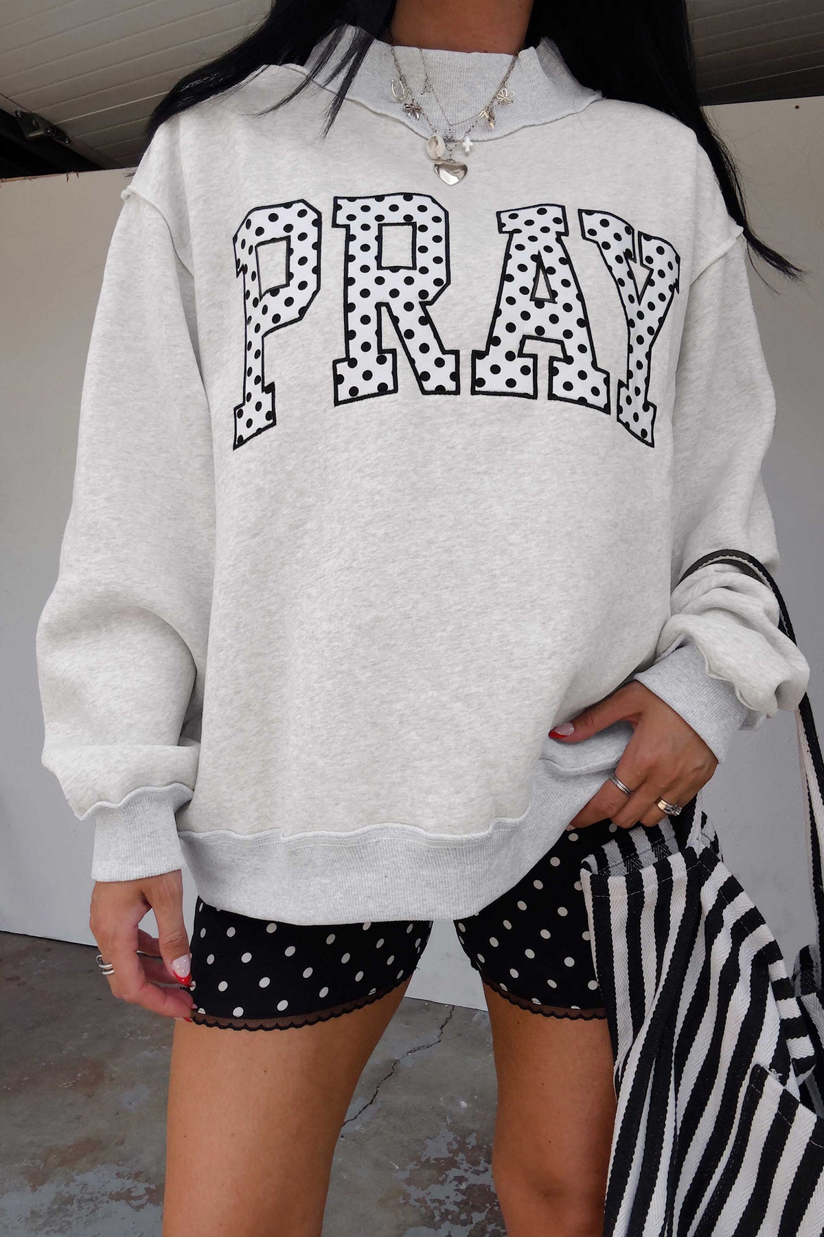 PRAY Polka Dot Embroidered Mock Neck Sweatshirt